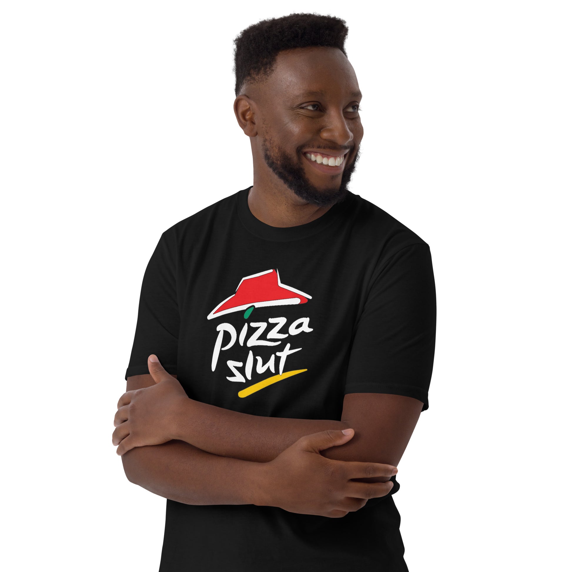 Cheerful man wearing a black Pizza Slut T-shirt