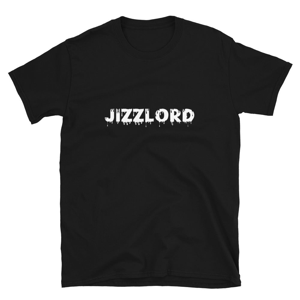 offensive t-shirt that reads Jizzlord, laid flat, black with white text