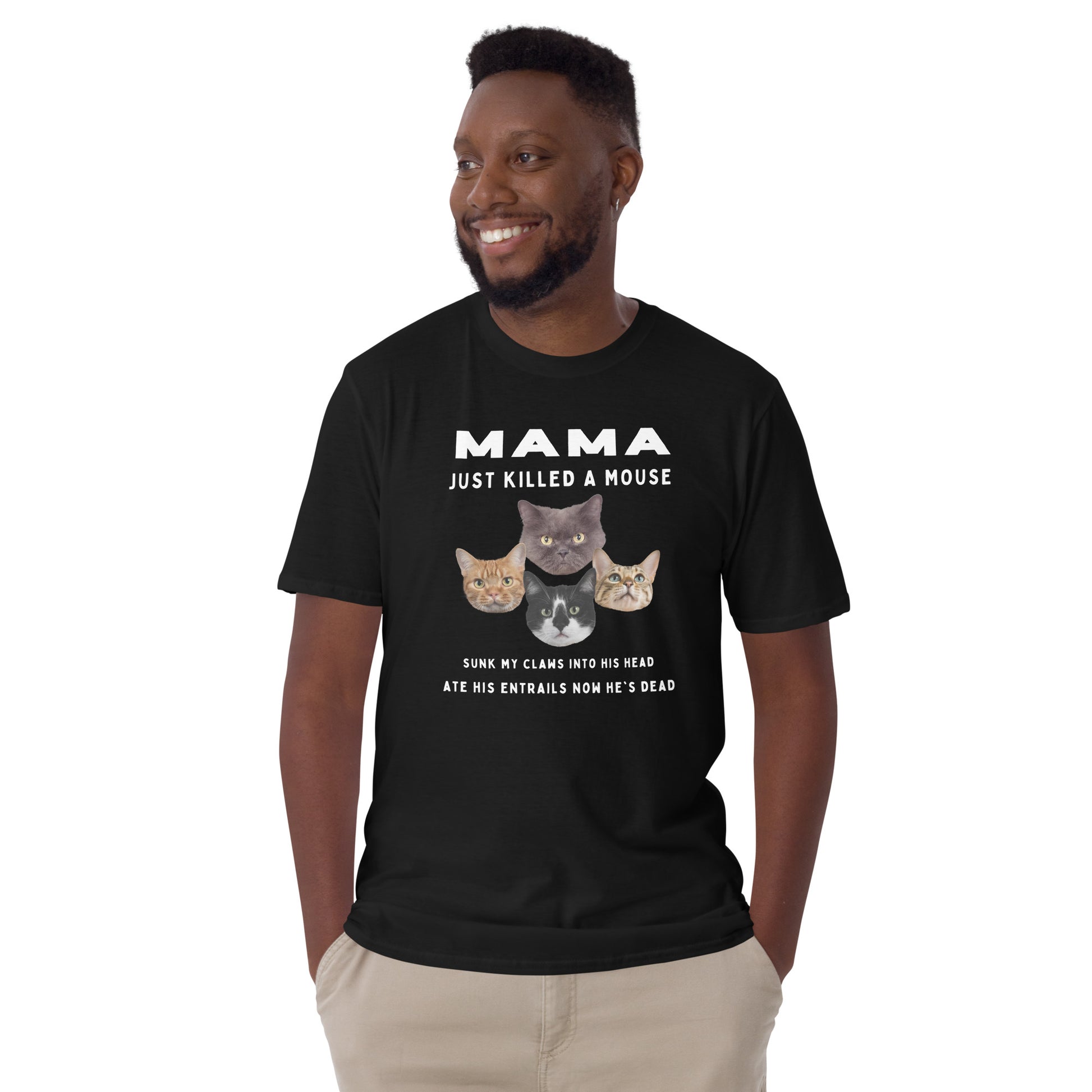 happy man wearing a Funny Bohemian Rhapsody Spoof T-shirt with 4 cats and text that reads Mama just killed a mouse etc