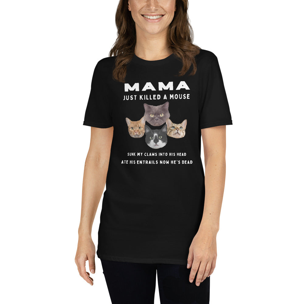 young woman wearing a Funny Bohemian Rhapsody Spoof T-shirt with 4 cats and text that reads Mama just killed a mouse etc