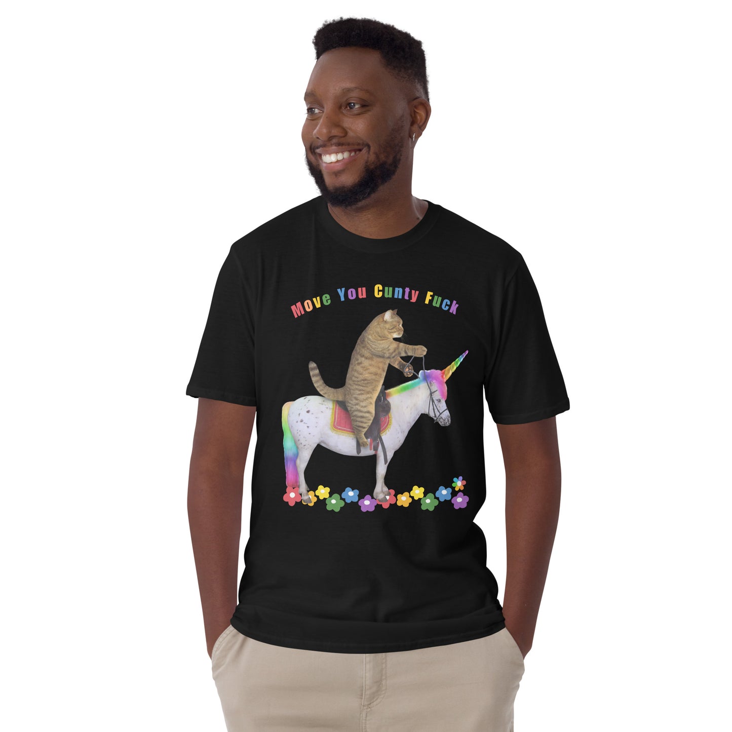 man wearing a black Offensive cat riding a rainbow Unicorn T shirt which reads Move you Cunty F*ck,