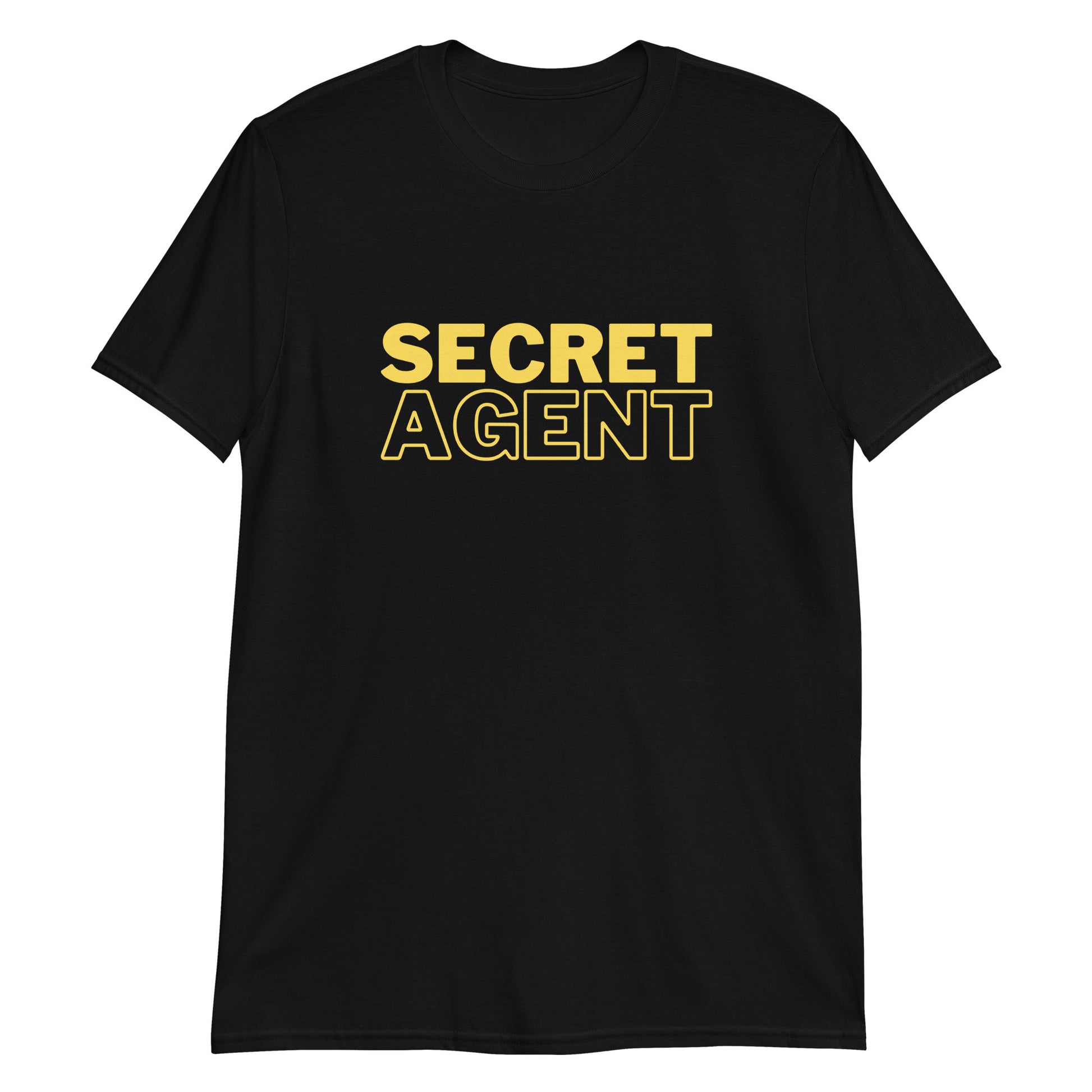 Black unisex T-shirt that reads SECRET AGENT in yellow text, laid flat, front