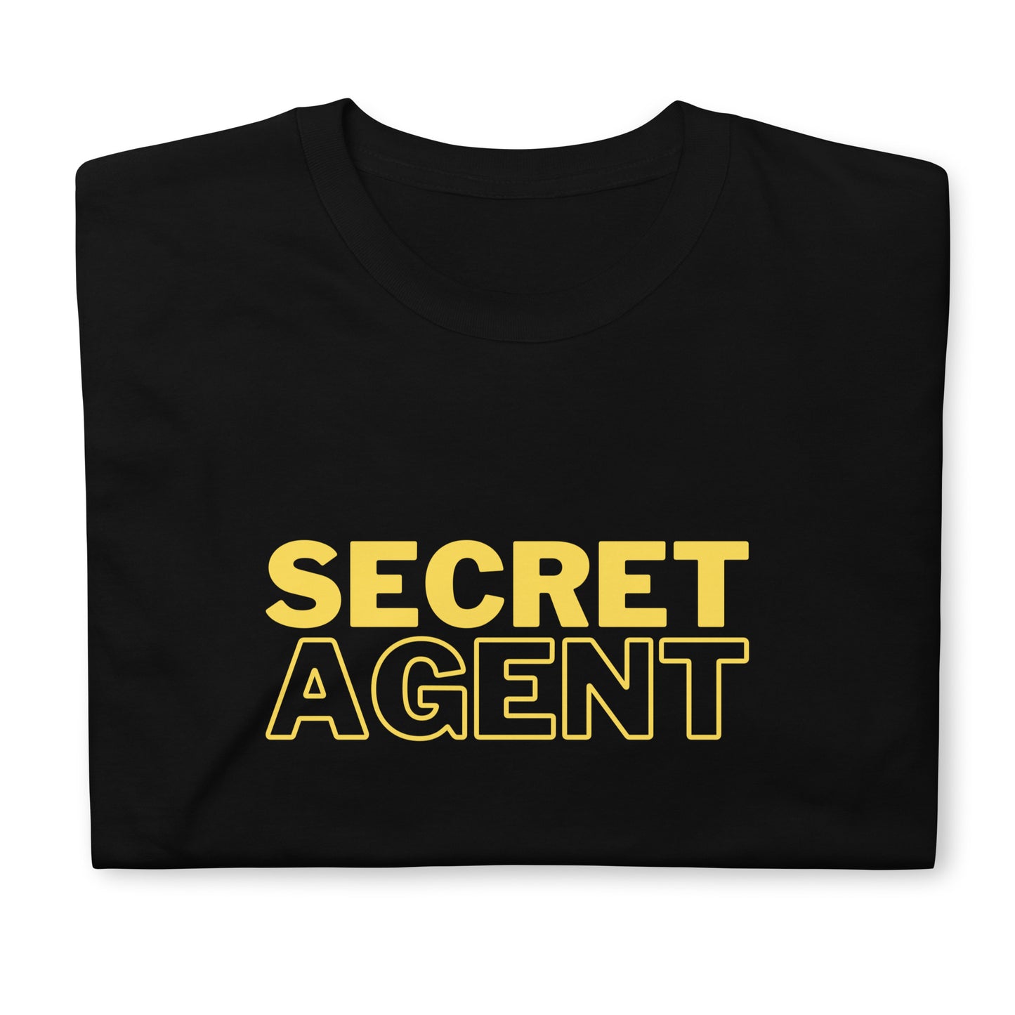 Black unisex T-shirt that reads SECRET AGENT in yellow text, folded