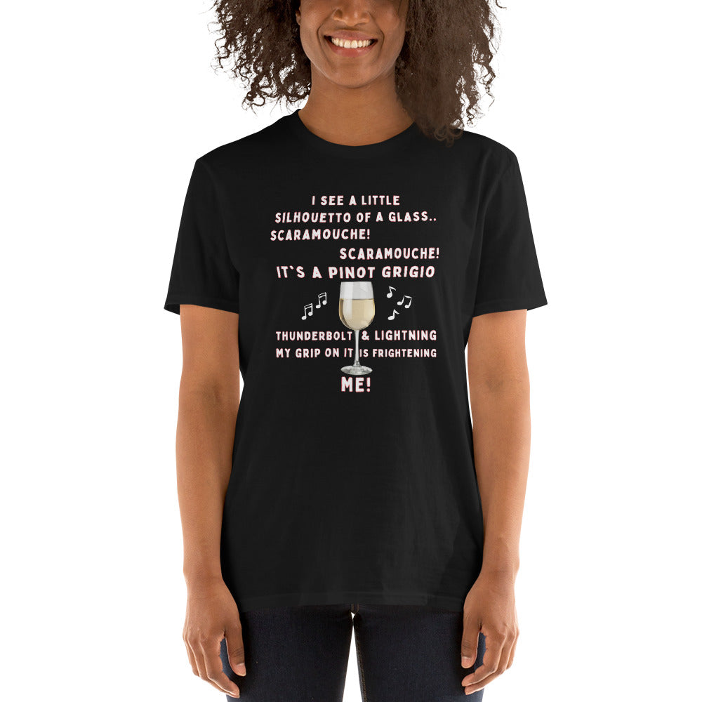 Young woman wearing a Funny Black Bohemian Rhapsody Spoof T-shirt about Wine