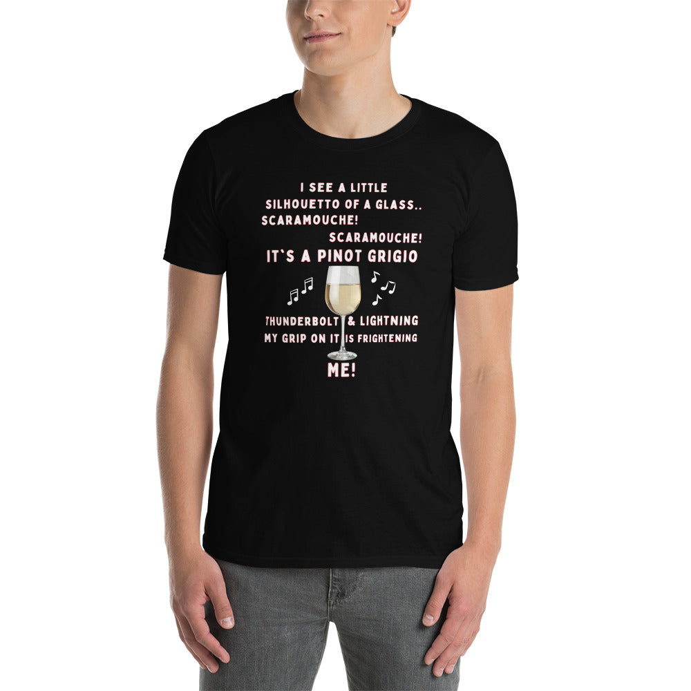 Young man wearing a Funny Black Bohemian Rhapsody Spoof T-shirt about Wine