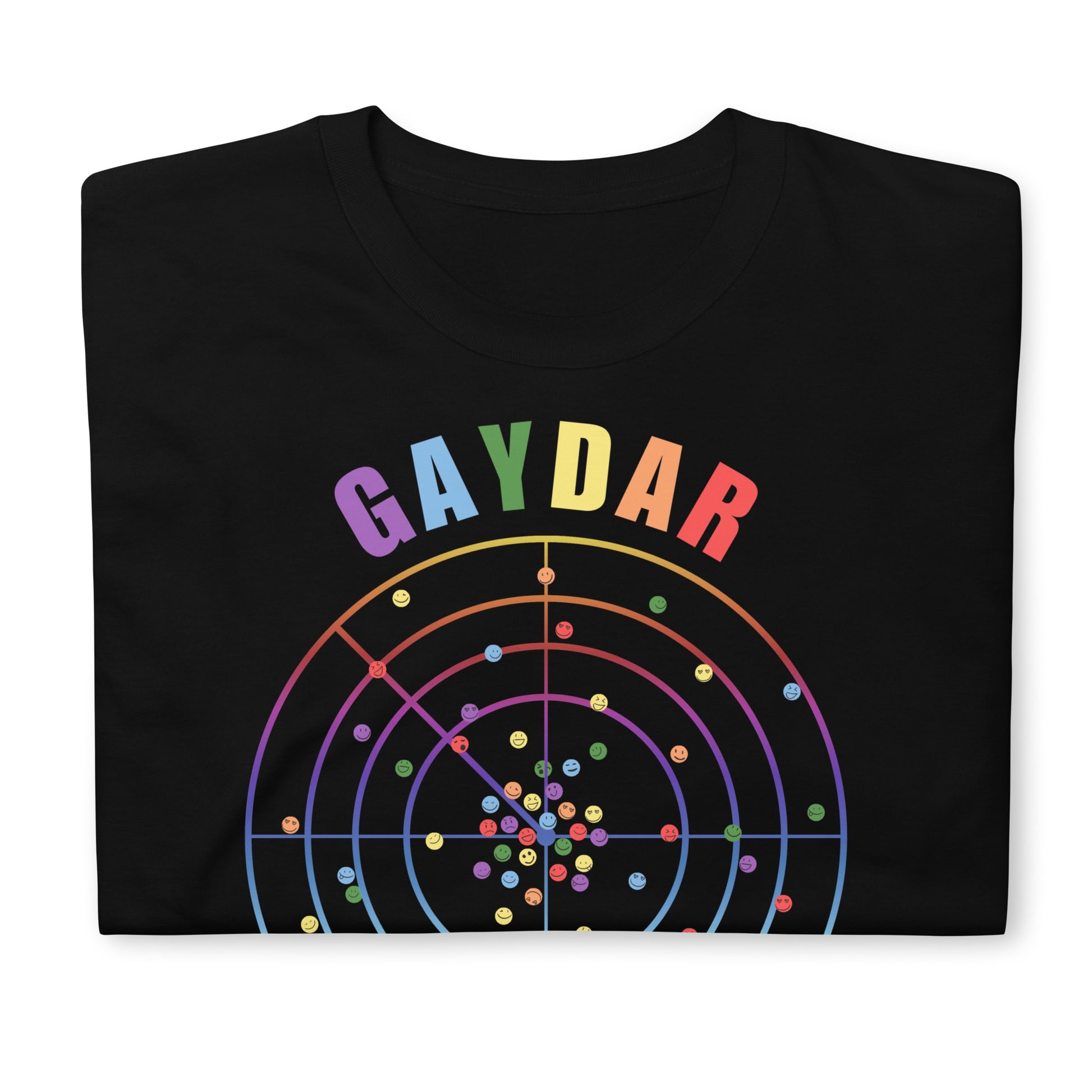 Black LGBTQ T-shirt with GAYDAR in pride colours and a graphic of a radar with lots of colourful dots on it with happy faces. folded.