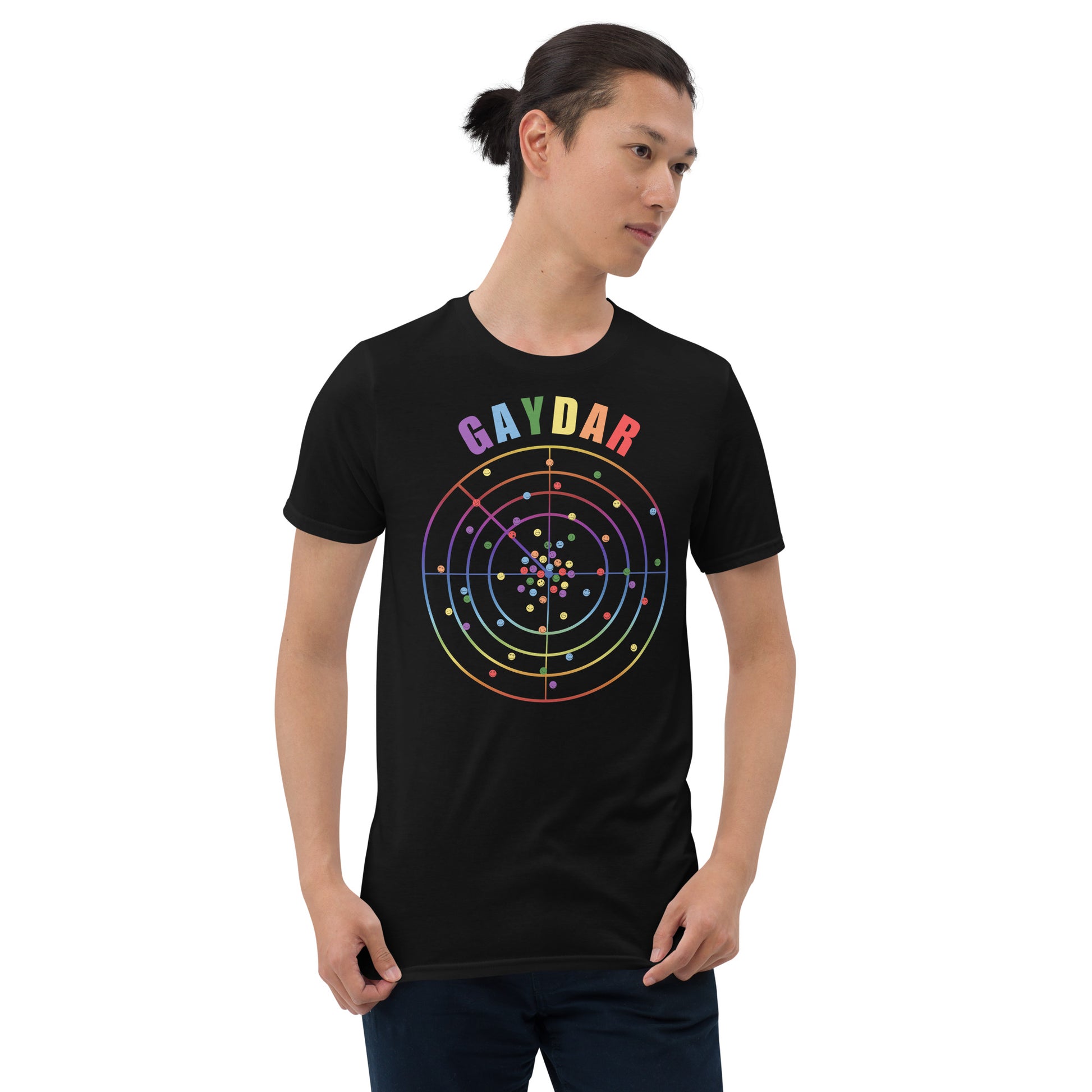 Male model wearing a Black LGBTQ T-shirt with GAYDAR in pride colours and a graphic of a radar with lots of colourful dots on it with happy faces.