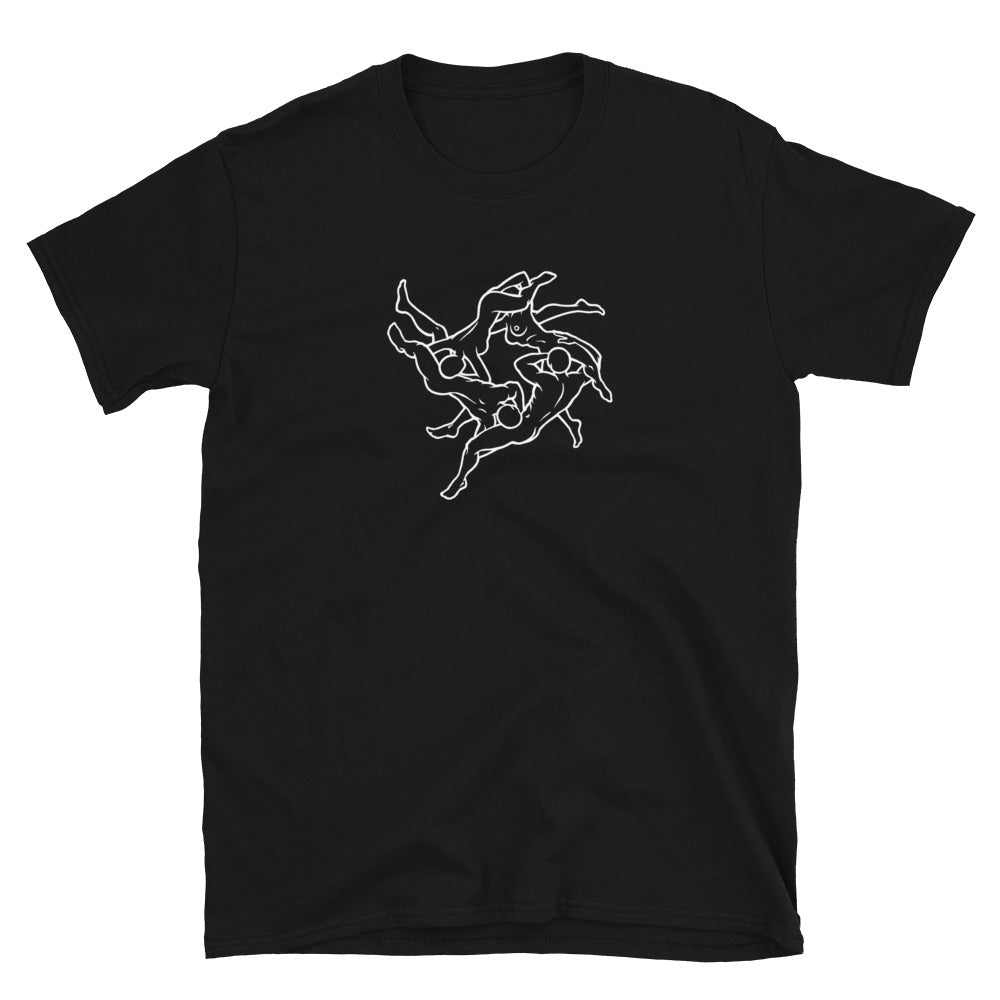 T-shirt with four adults having an orgy outline graphic, laid flat, black.