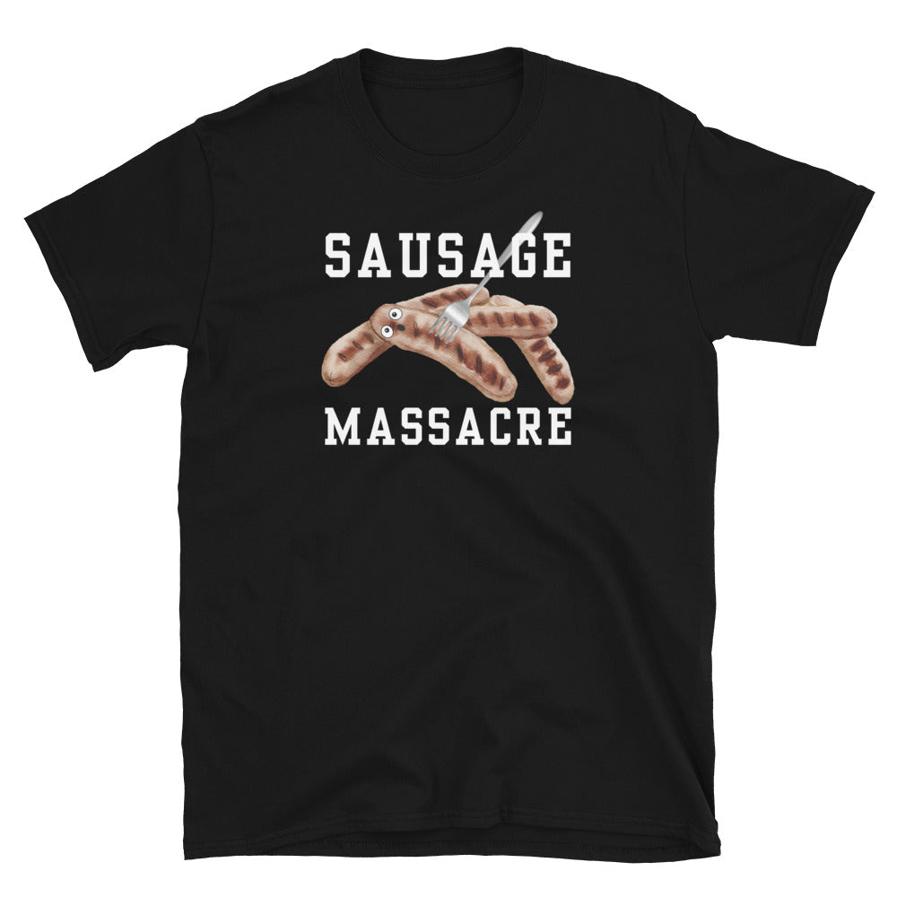 funny black sausage massacre T-shirt with a fork through a shocked sausage.