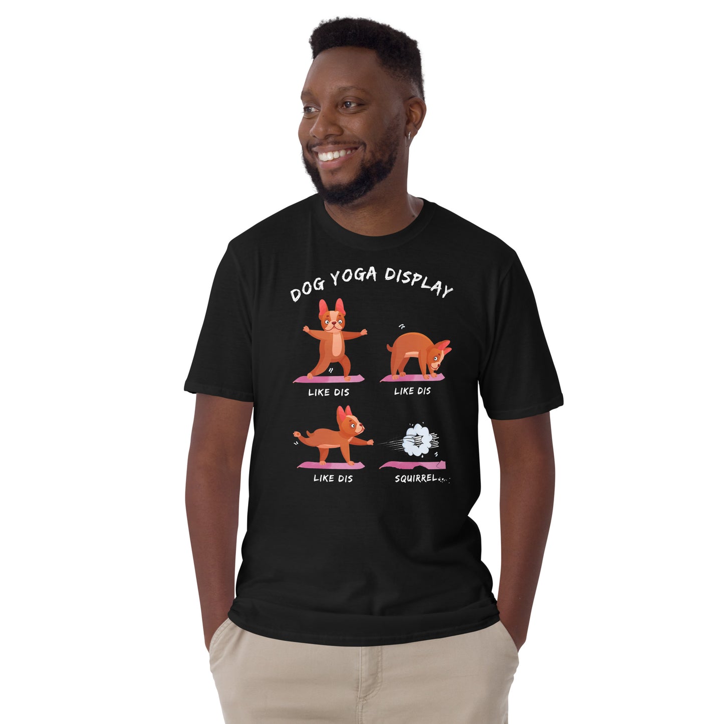 young male wearing a black funny t-shirt with dog making yoga poses who then runs off when he sees a squirrel