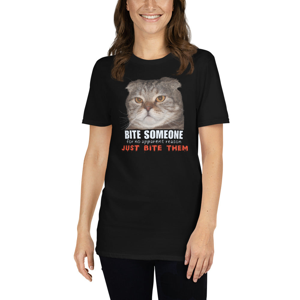 female model wearing a black, evil cat T-shirt with grumpy cat that reads Bite Someone, for no apparent reason, Just Bite Them