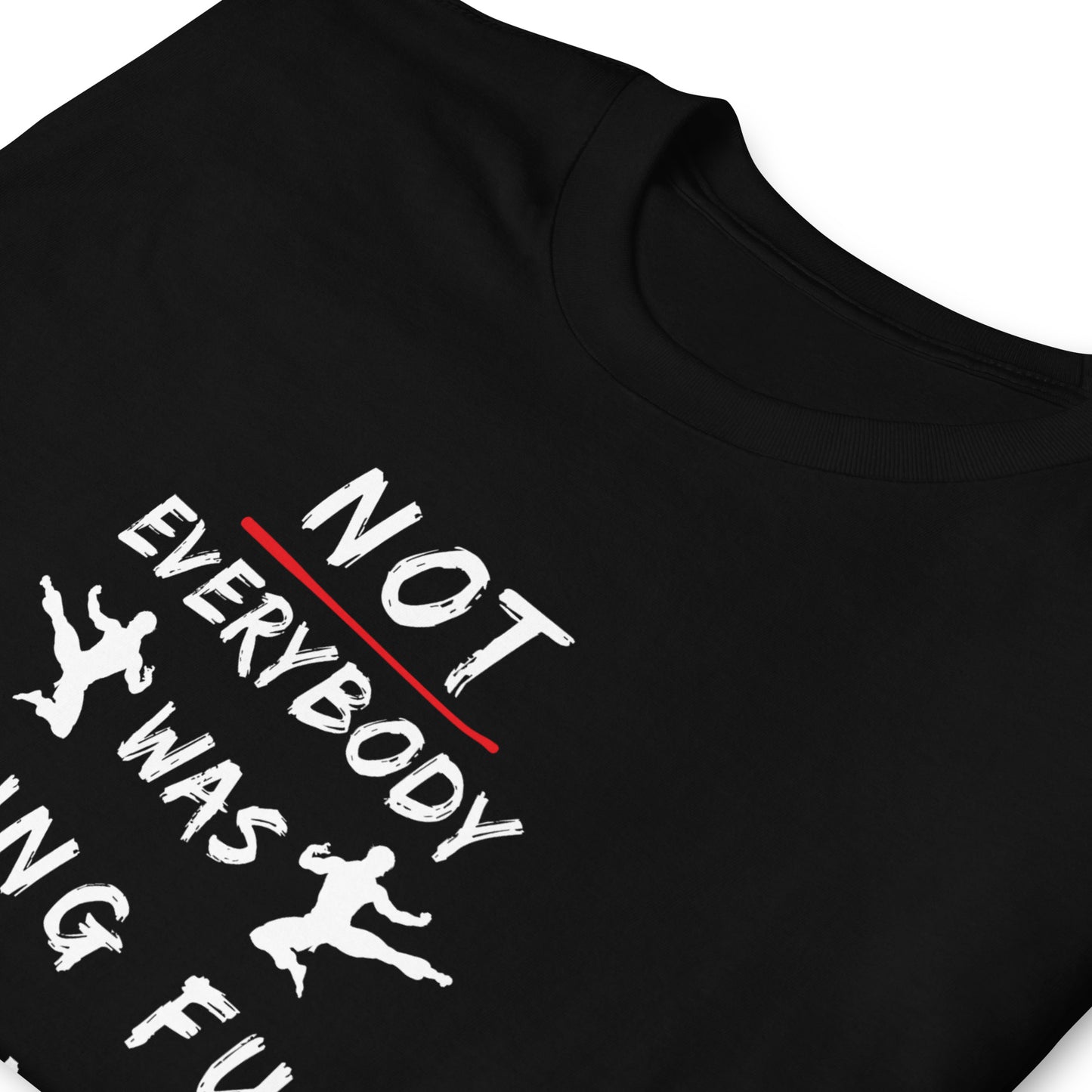 white T-shirt with the text 'Not everybody was kung fu fighting' on the front, folded and laid flat in black with white and red text.