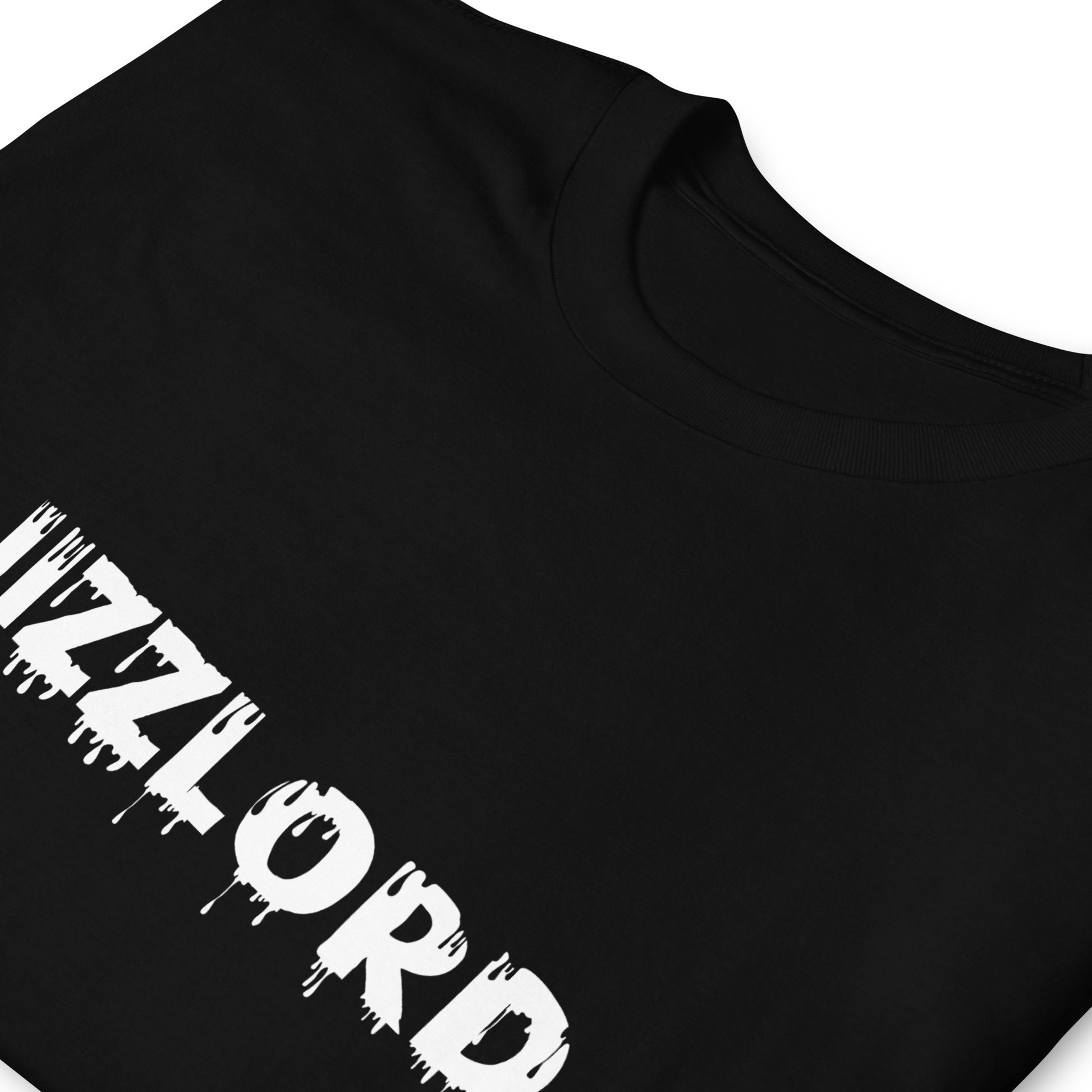 offensive t-shirt that reads Jizzlord, folded and laid flat, black with white text