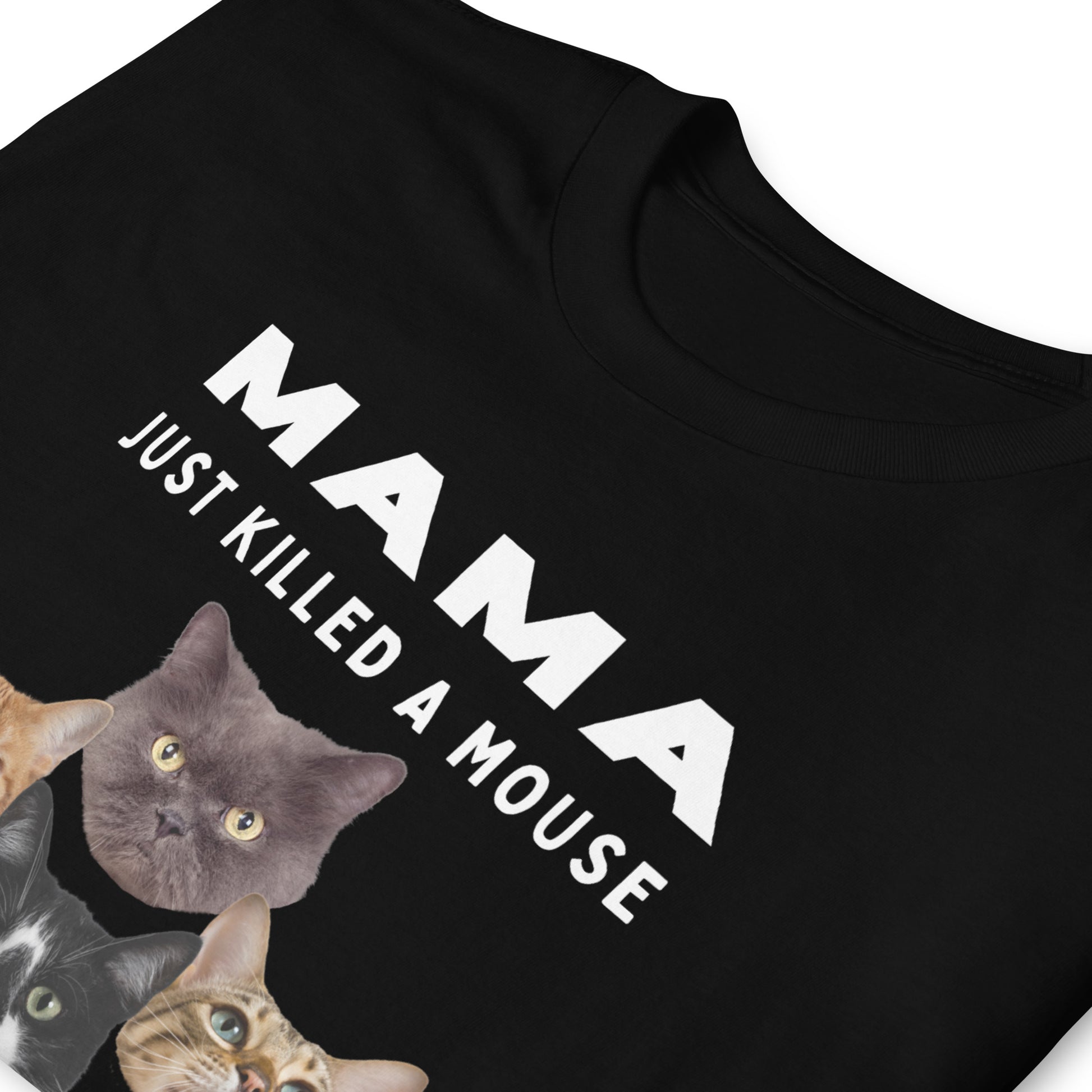 Funny Bohemian Rhapsody Spoof T-shirt with 4 cats and text that reads Mama just killed a mouse etc, folded and laid flat in black