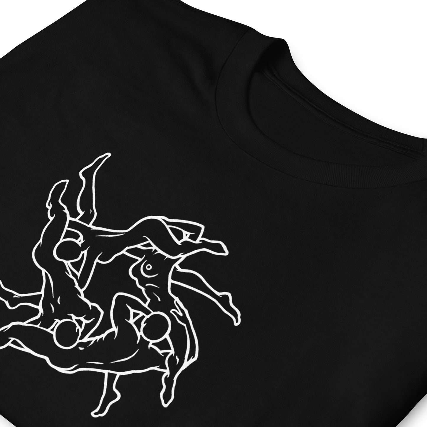 T-shirt with four adults having an orgy outline graphic, folded, black.