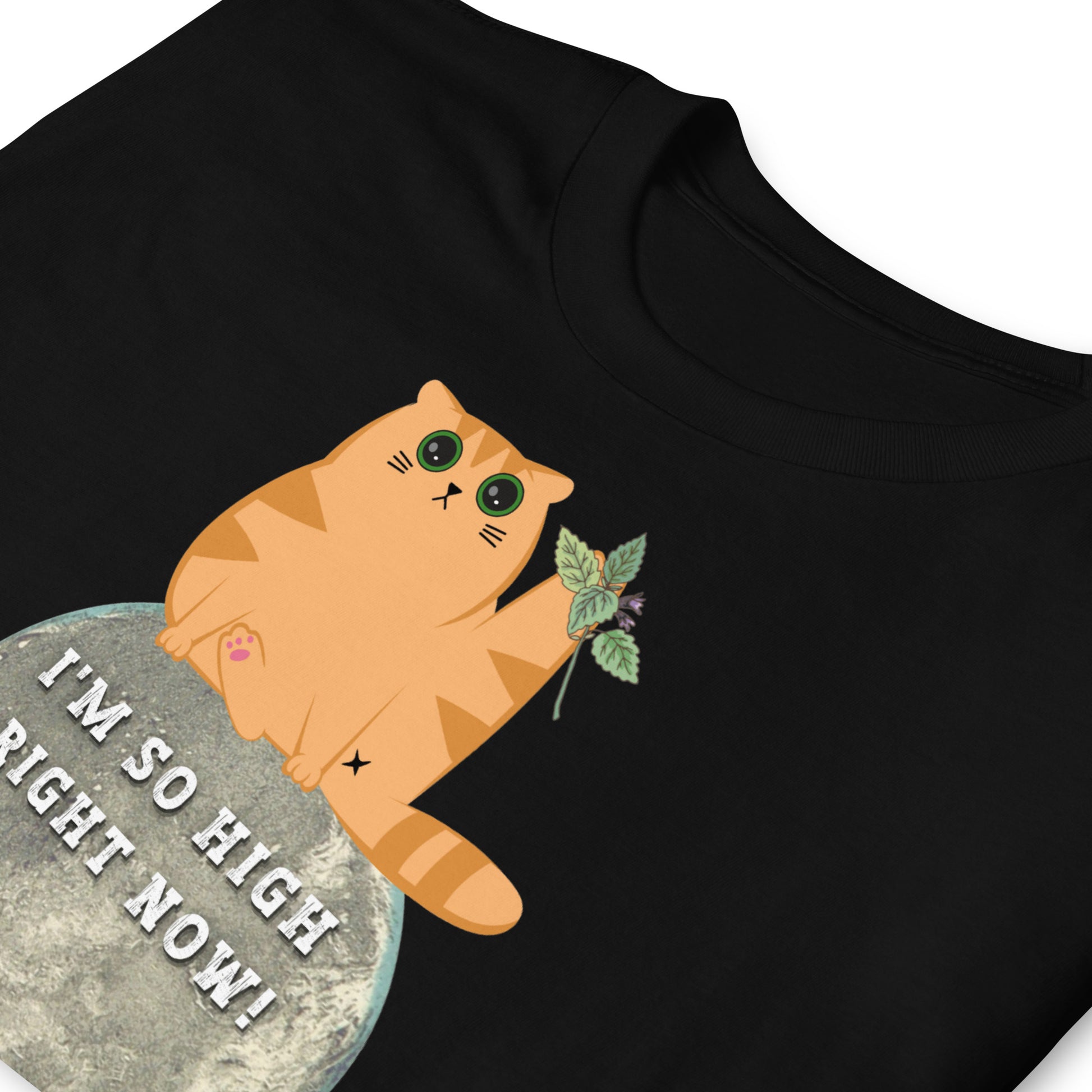 Folded black funny T-shirt featuring a ginger cat sat  on the moon with wide eyes with catnip that reads 'I'm so high right now!'