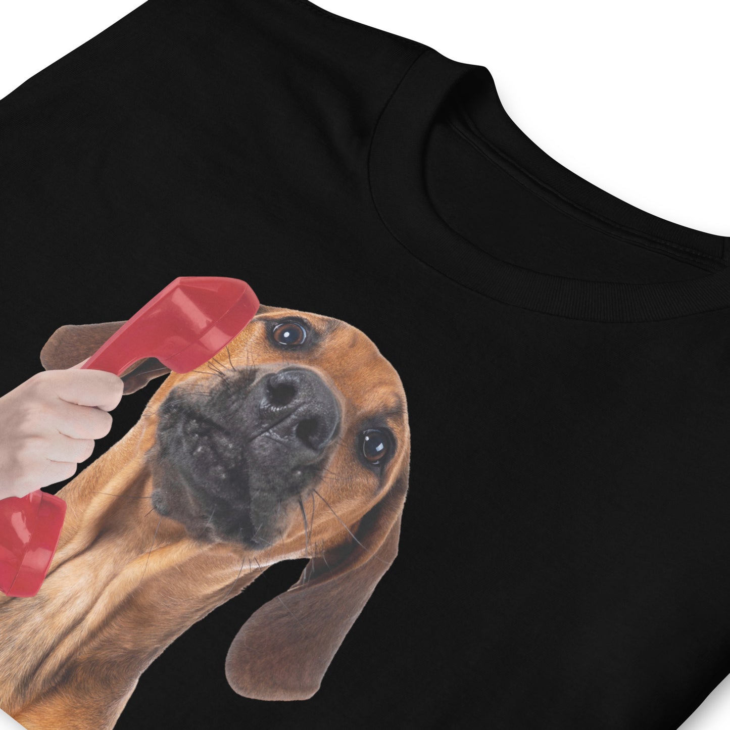 floppy earred dog calls 911 to report his balls missing T-shirt, black, folded.