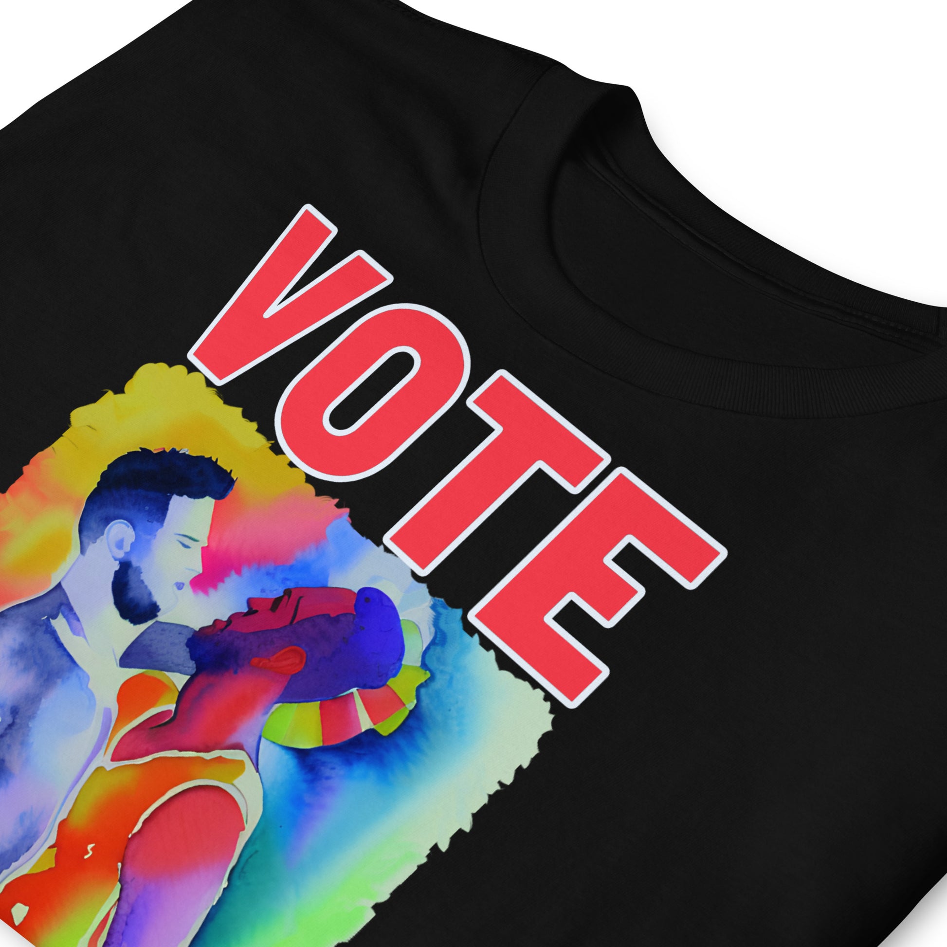 funny VOTE GAY PARTY! T-shirt with an image of two men dancing , black, folded