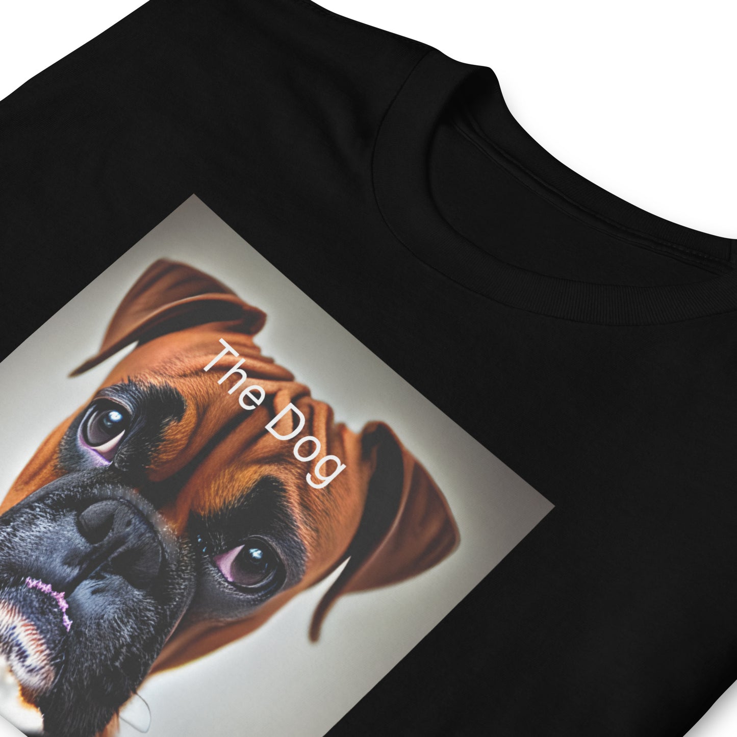 folded black T-shirt with an iphone screen shot of an incoming call from a sad Boxer dog, with accept or decline buttons, and the message A Dog Is For Life