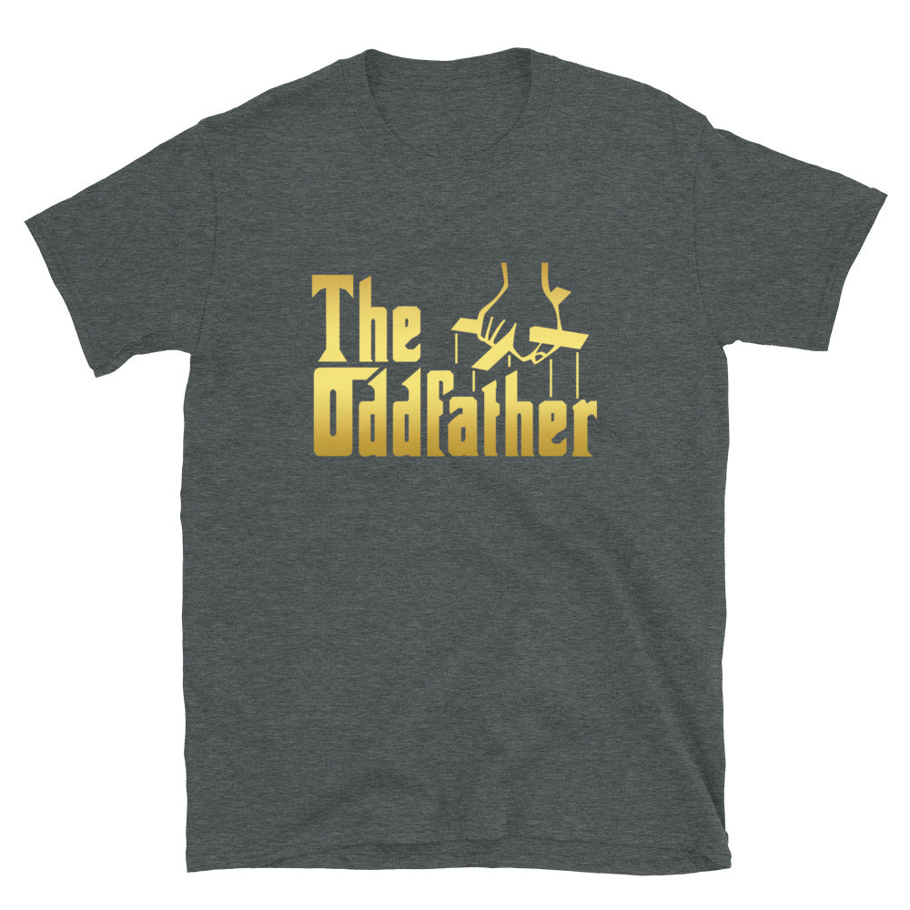 the OddFather T-shirt, dark heather grey shirt, gold letters