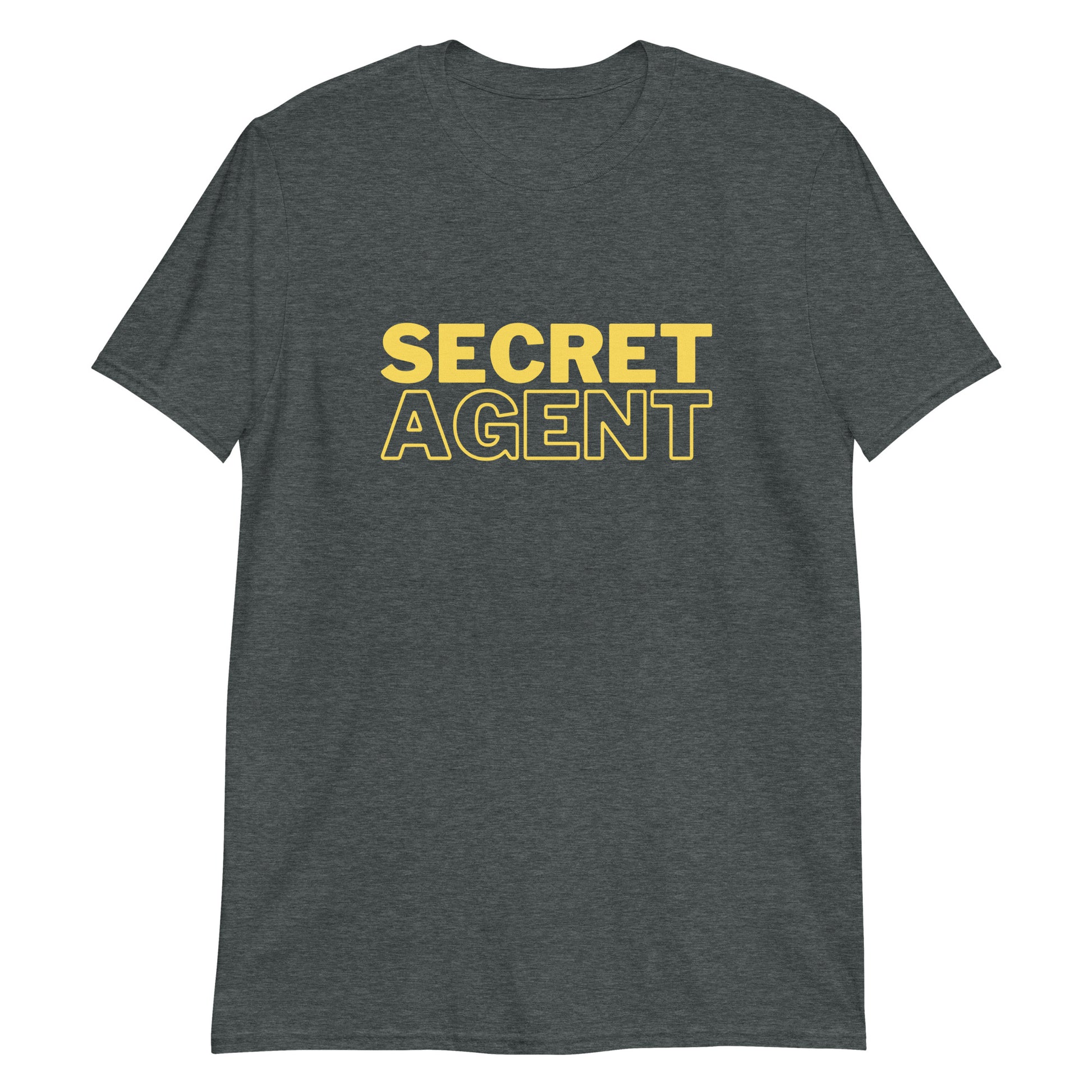 Dark Heather Grey unisex T-shirt that reads SECRET AGENT in yellow text, laid flat, front