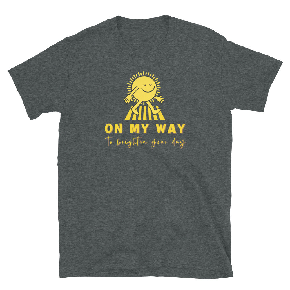 dark heather grey T shirt with a walking sun that reads On My Way To Brighten Your Day