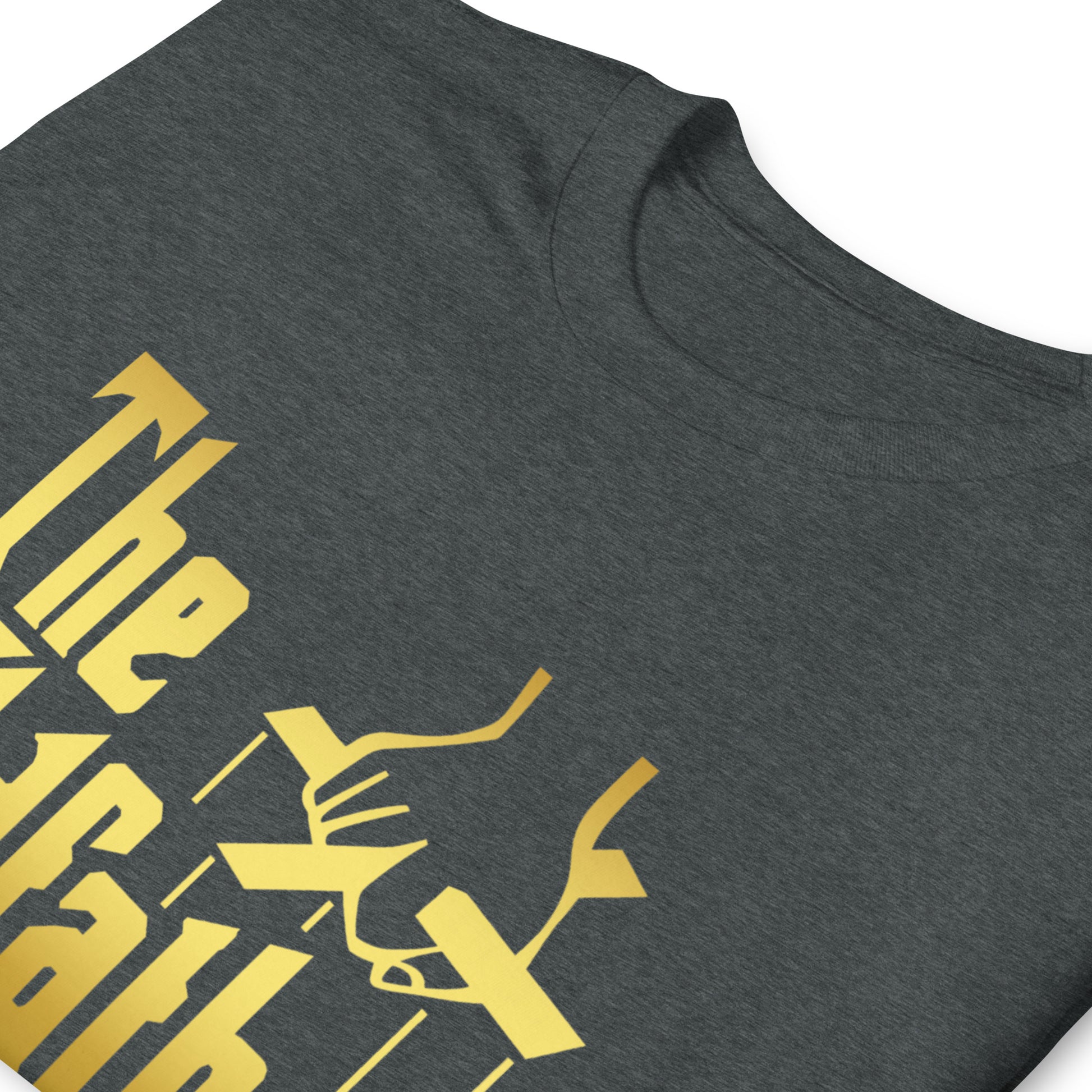 the OddFather T-shirt, dark heather grey shirt, gold letters