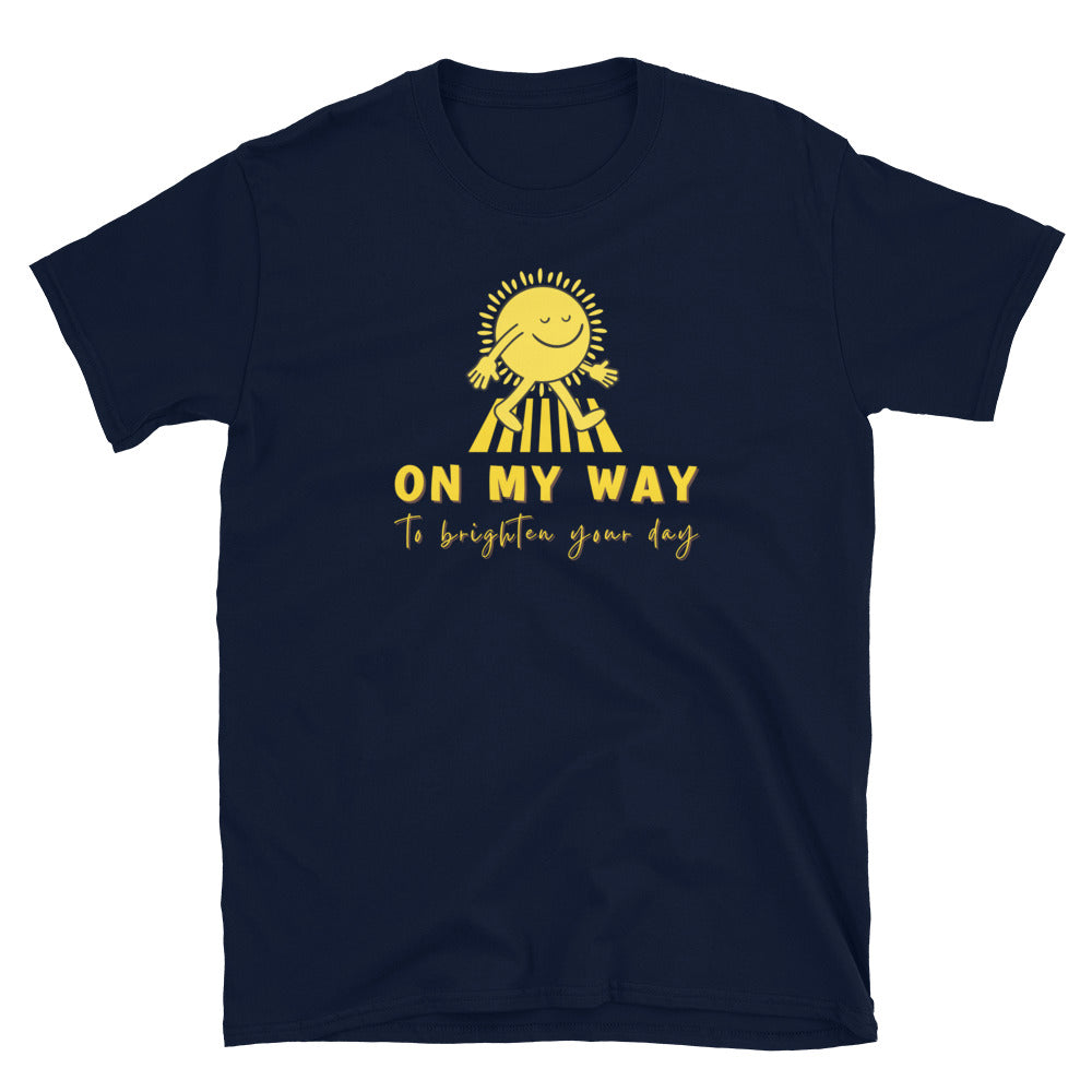 navy T shirt with a walking sun that reads On My Way To Brighten Your Day