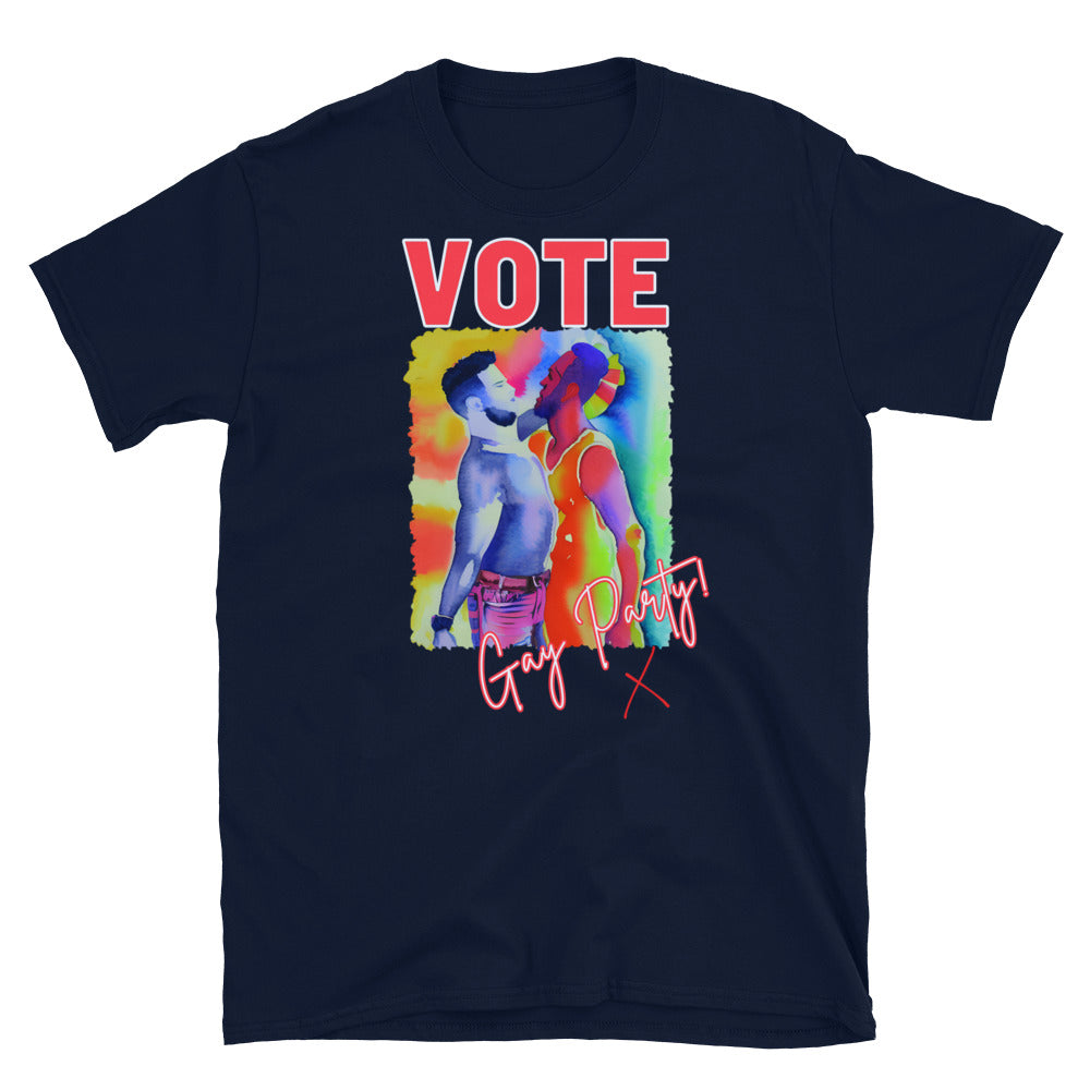 funny VOTE GAY PARTY! T-shirt with an image of two men dancing , navy