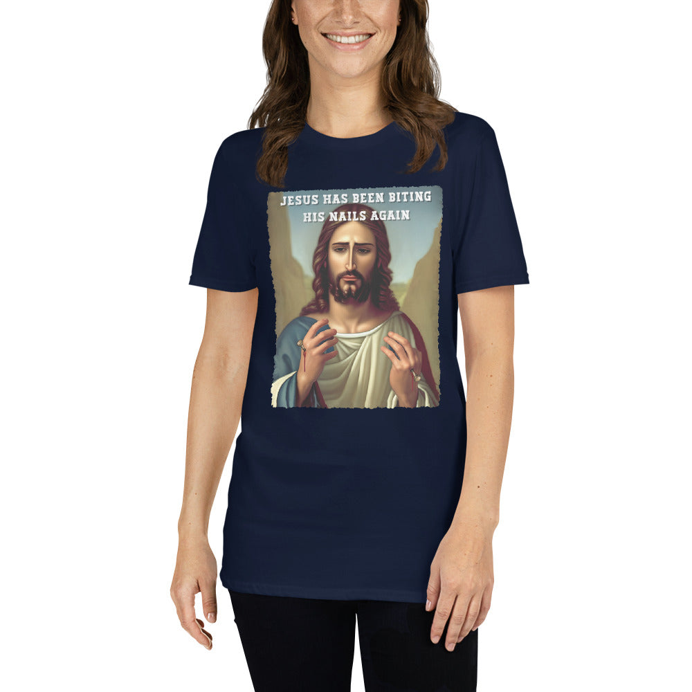 female model wearing a Jesus has been biting his nails again offensive Jesus T-shirt, navy