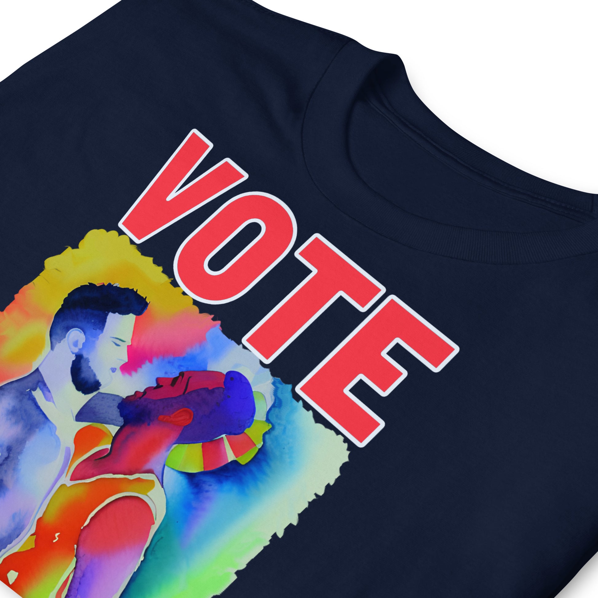 funny VOTE GAY PARTY! T-shirt with an image of two men dancing , folded, navy