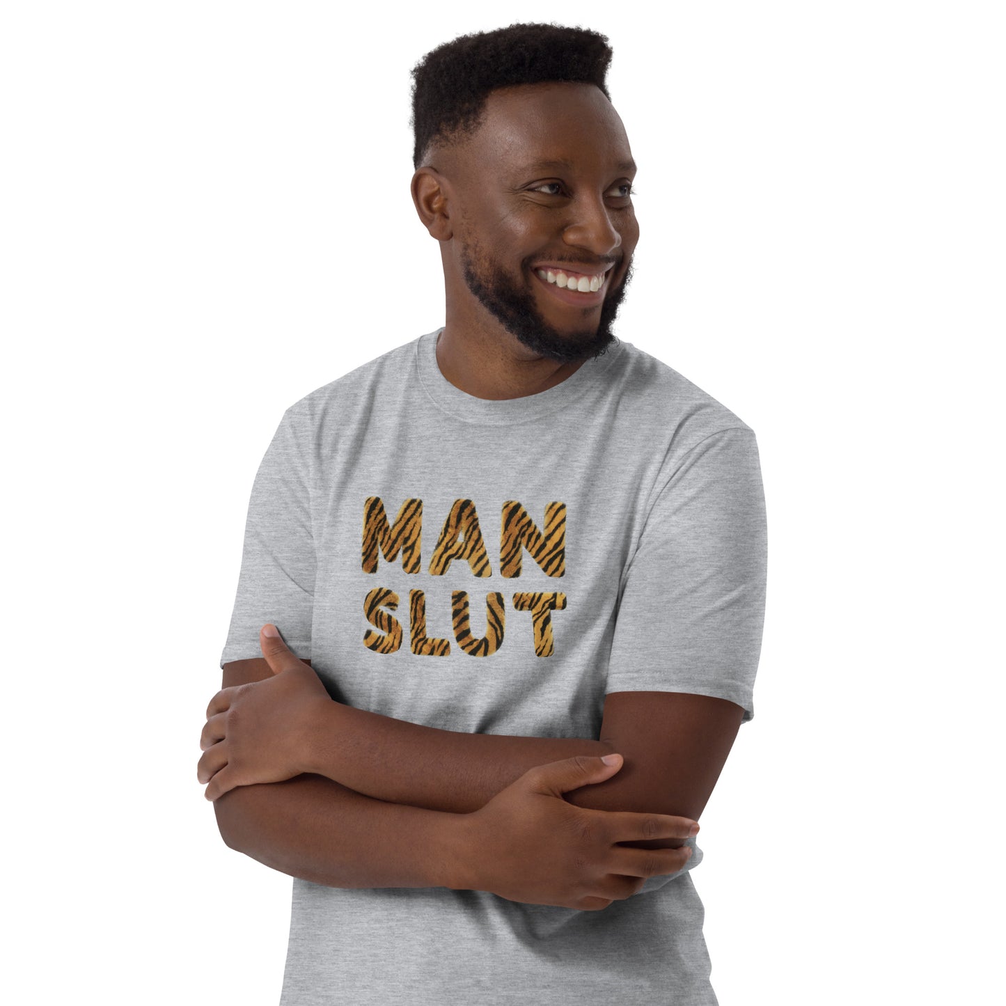 Amused male model wearing a funny Man Slut T-shirt with Tiger Fur Printed Letters