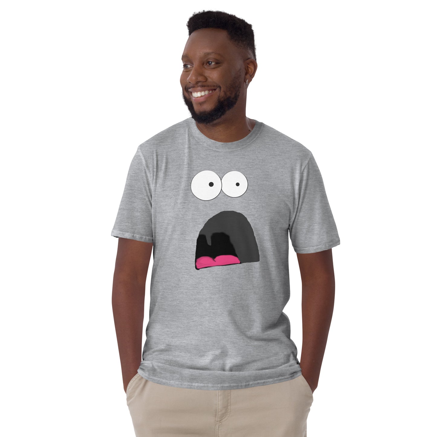 young man wearing a shocked face cartoon tshirt in sport grey