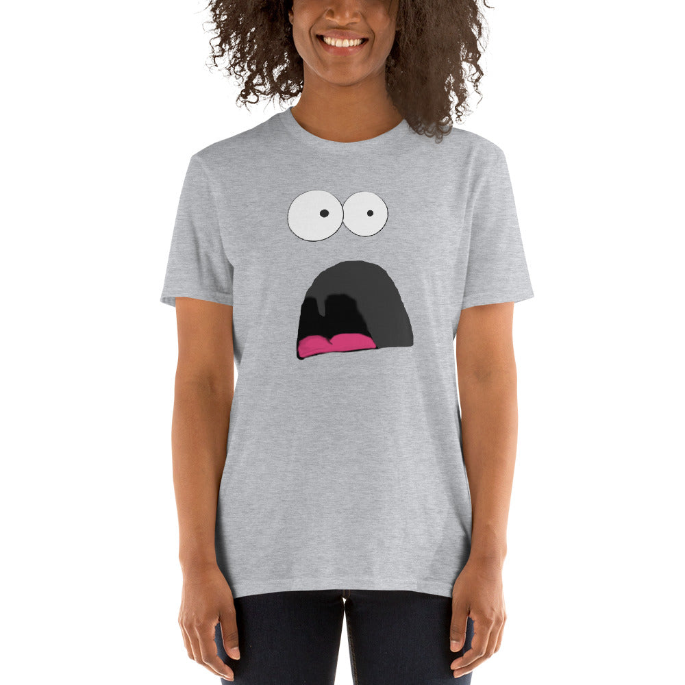 young person wearing a sport grey t-shirt with a shocked face cartoon design