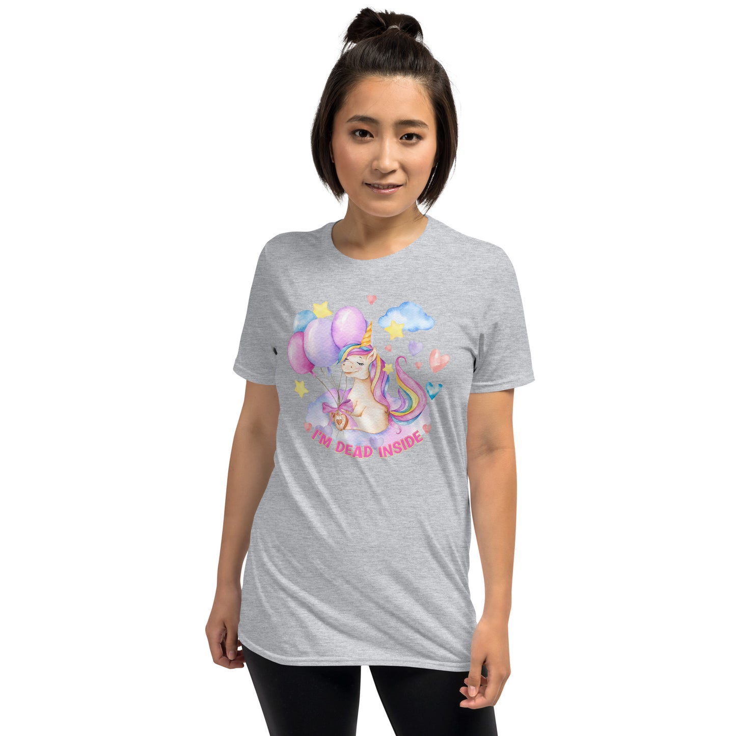 Young woman wearing a sport grey Sarcastic 'I'm Dead Inside' T-shirt with pastel coloured unicorn design