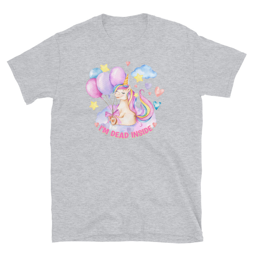 Sarcastic 'I'm Dead Inside' T-shirt with pastel coloured unicorn design, sport grey