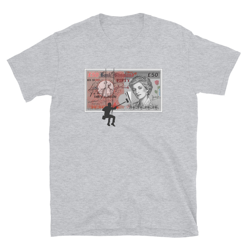 Sport grey T-shirt featuring a spoof £50 note with Princess Diana on it, the money is being posted to a wall by a silhouetted man.