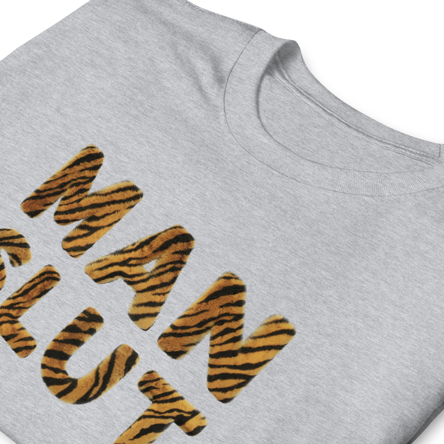 funny Man Slut T-shirt with Tiger Fur Printed Letters, folded, sport grey