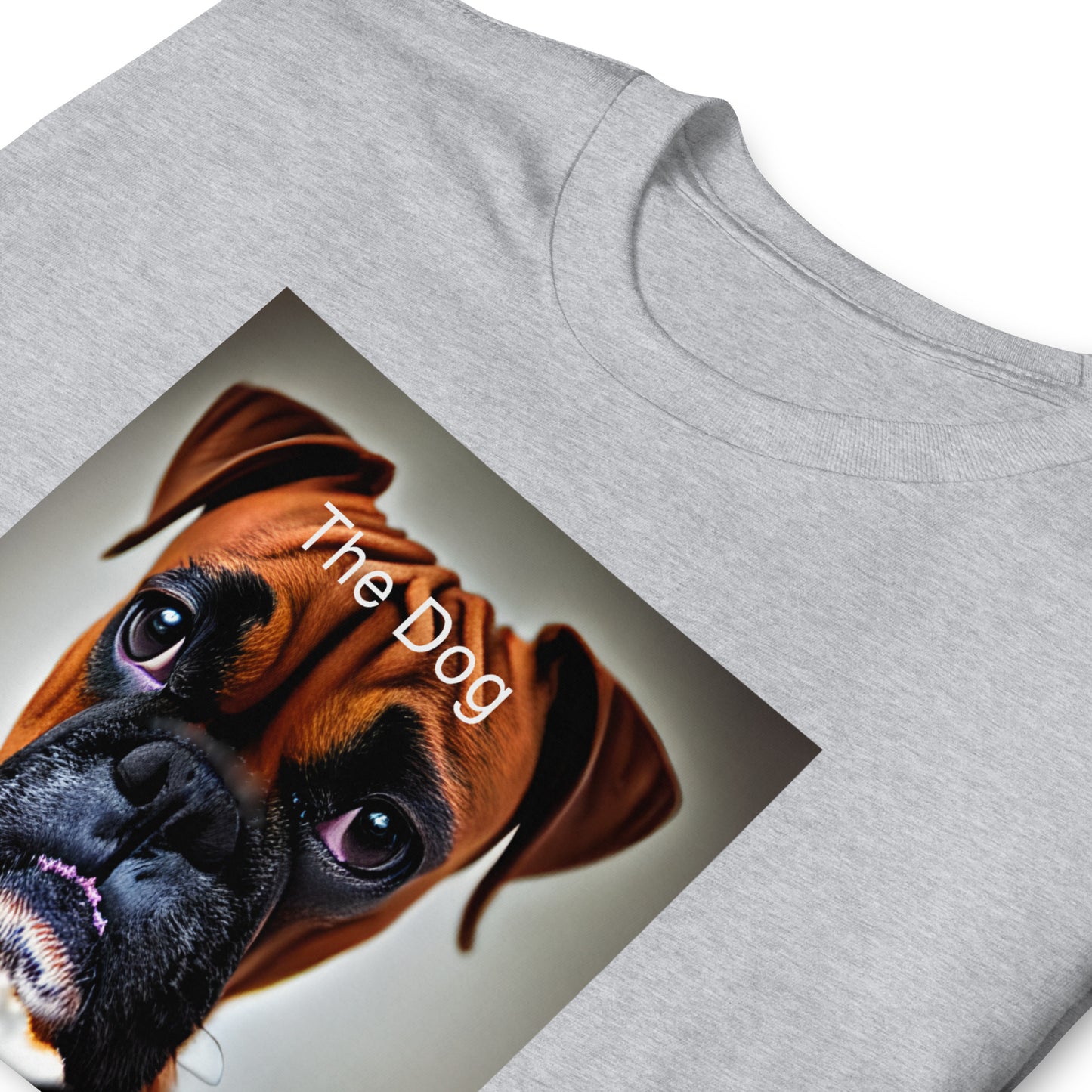 folded sport grey T-shirt with an iphone screen shot of an incoming call from a sad Boxer dog, with accept or decline buttons, and the message A Dog Is For Life