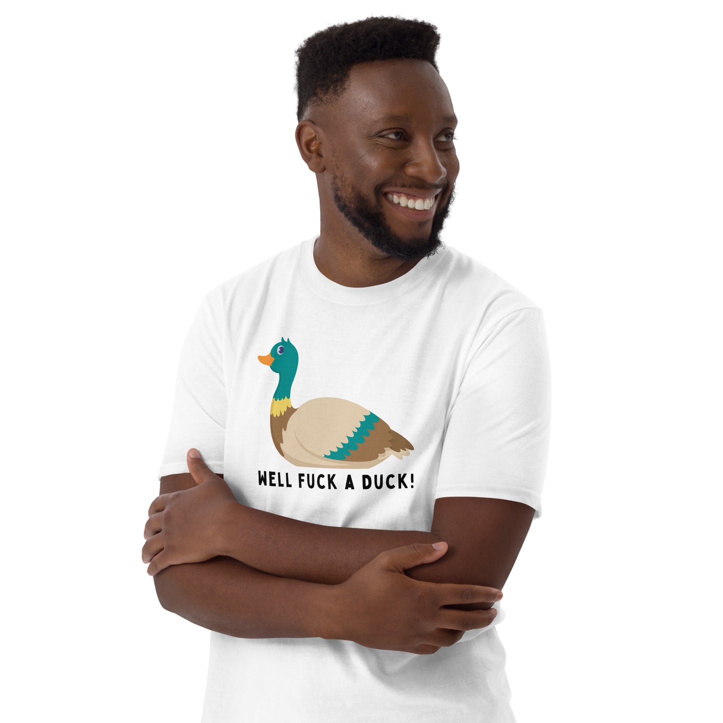 happy young man wearing a white Well Fuck a Duck T-shirt.