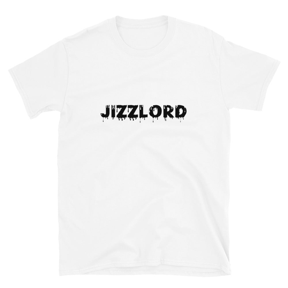 offensive t-shirt that reads Jizzlord, laid flat, white with black text