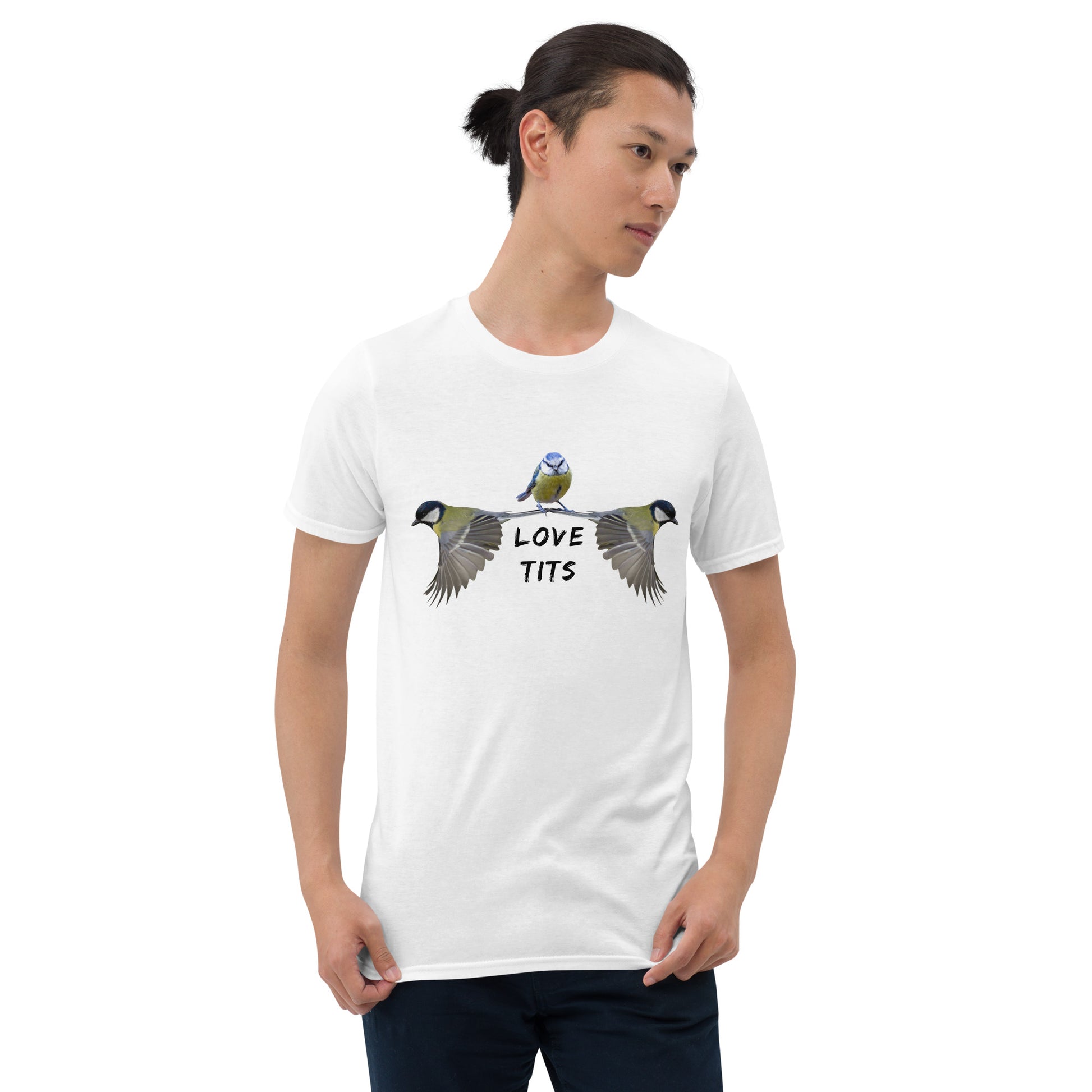 Asian man wearing a Funny Love Tits Wild Birds T-shirt in white