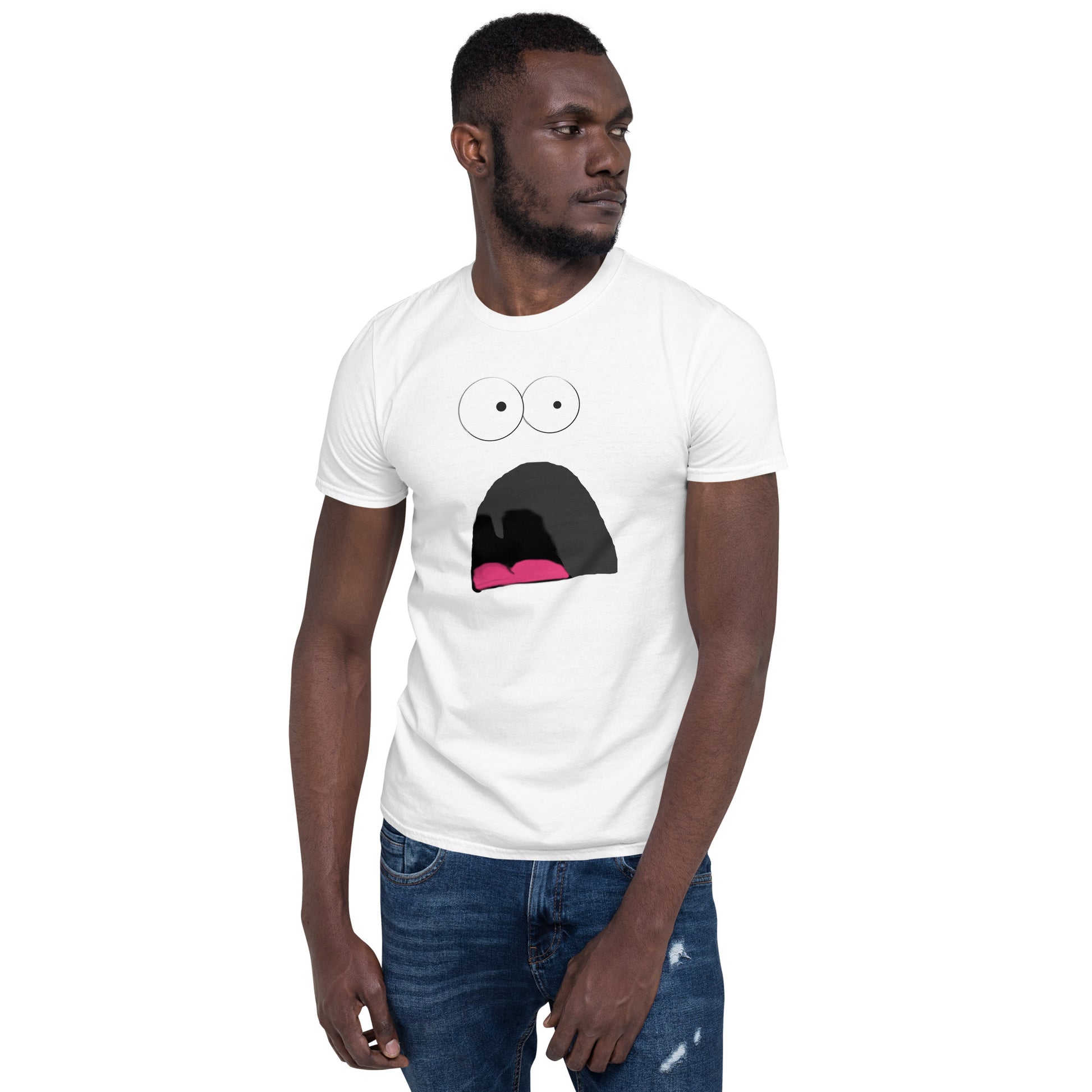 young man wearing a white tshirt with a shocked face cartoon design