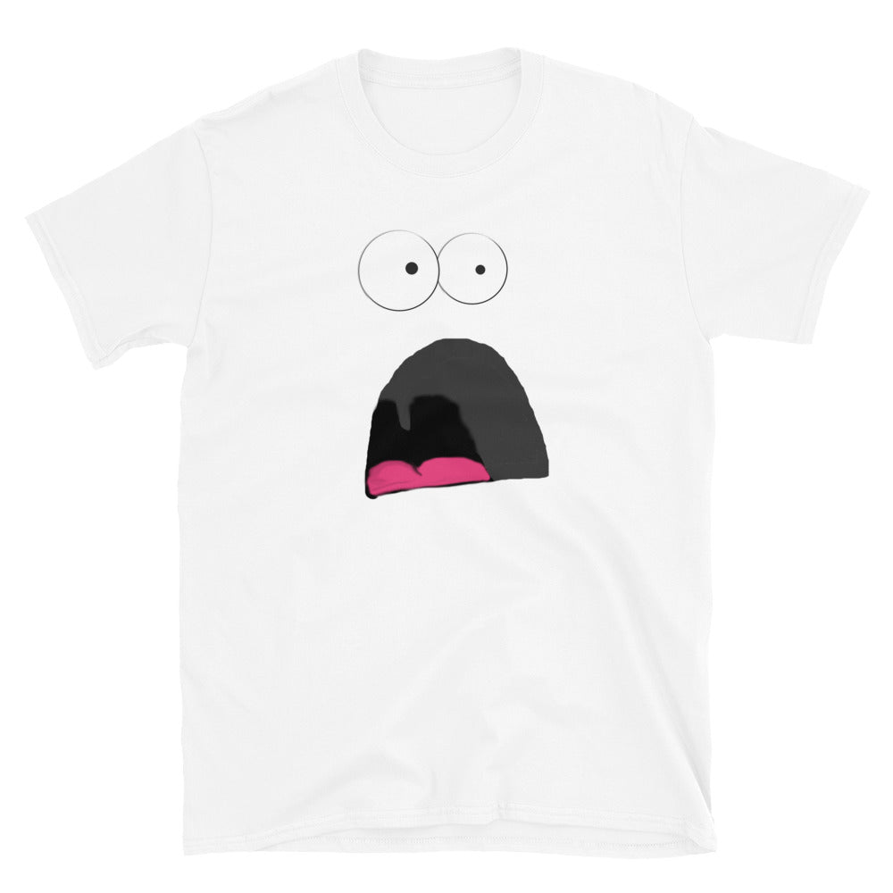 white t-shirt with a shocked cartoon face design