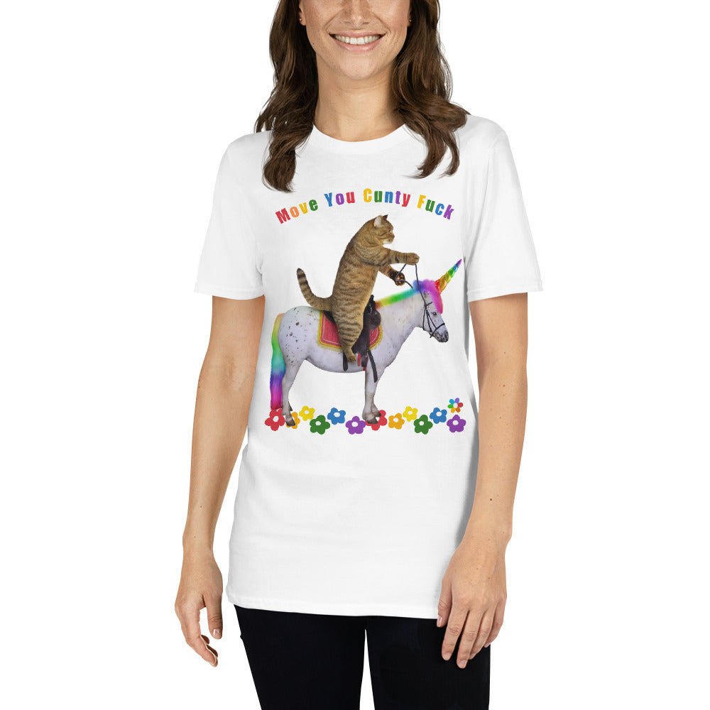 woman wearing an Offensive cat riding a rainbow Unicorn T shirt which reads Move you Cunty F*ck,