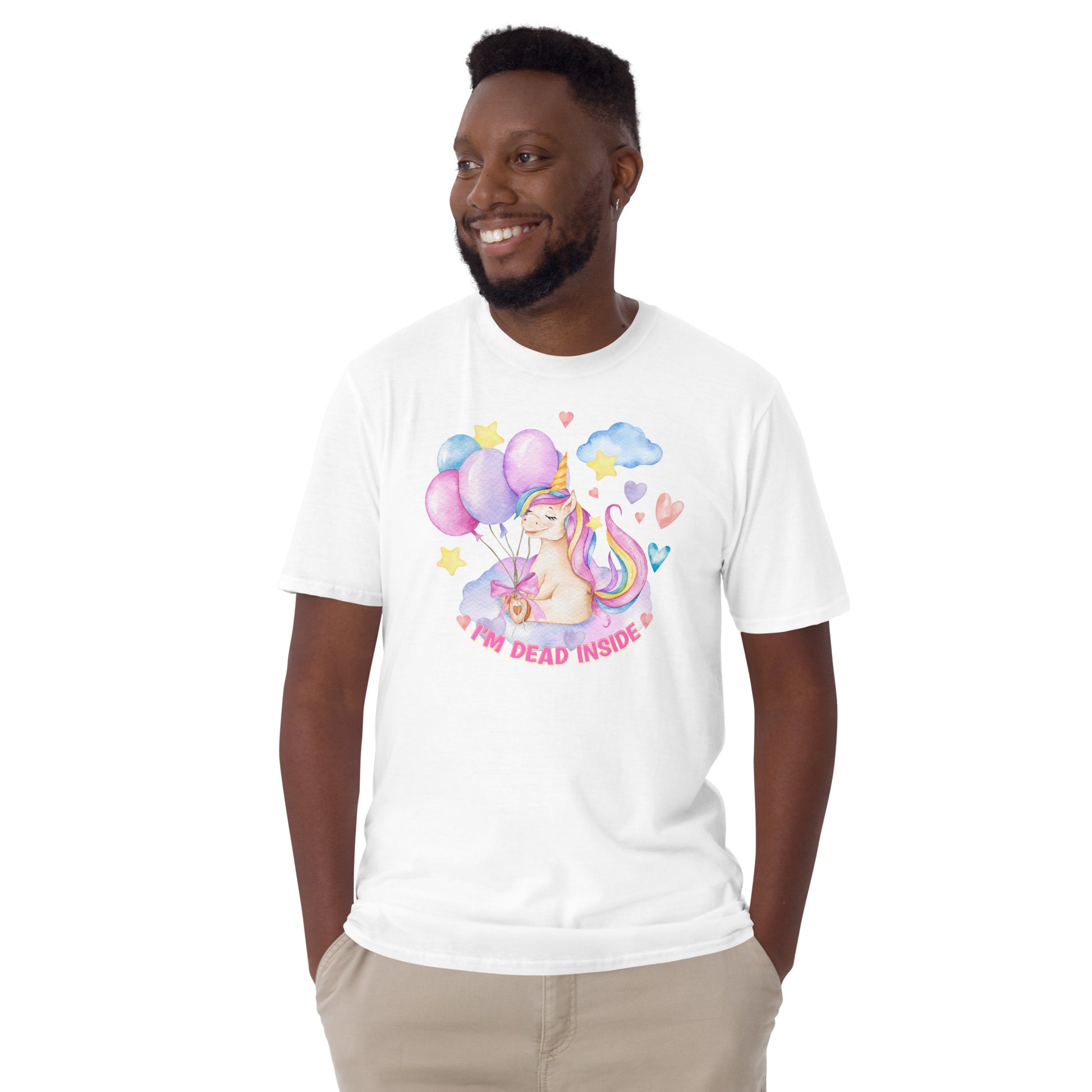 happy young man wearing a Sarcastic 'I'm Dead Inside' T-shirt with pastel coloured unicorn design in white