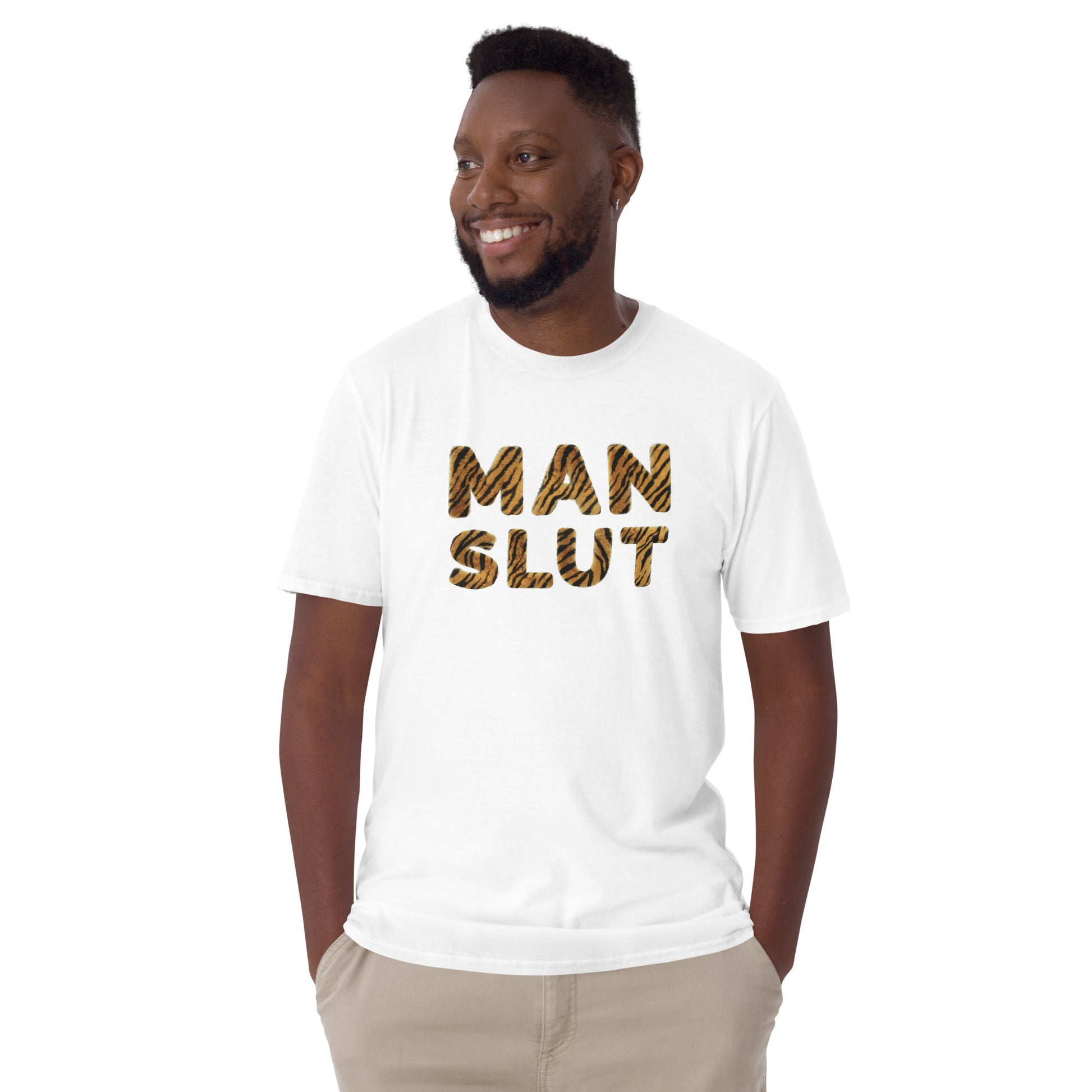 Laughing man wearing a funny Man Slut T-shirt with Tiger Fur Printed Letters