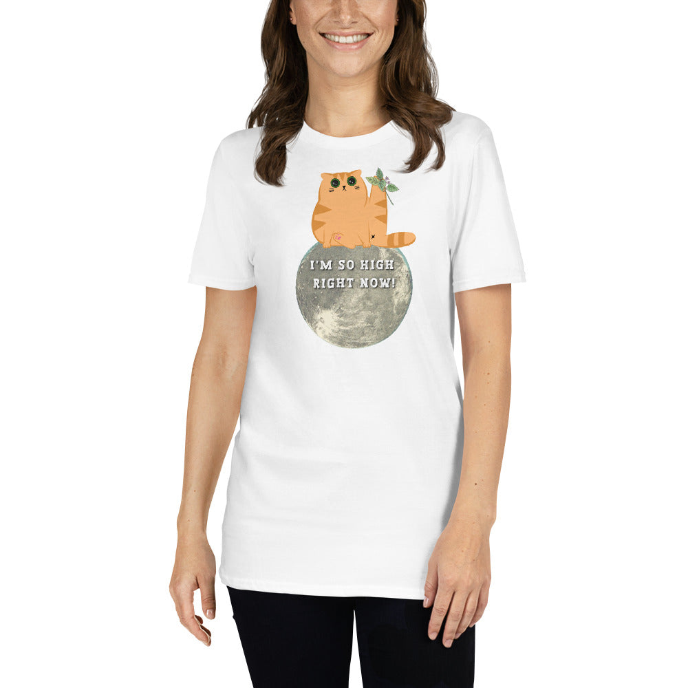 young woman wearing a white funny T-shirt featuring a ginger cat sat  on the moon with wide eyes with catnip that reads 'I'm so high right now!'