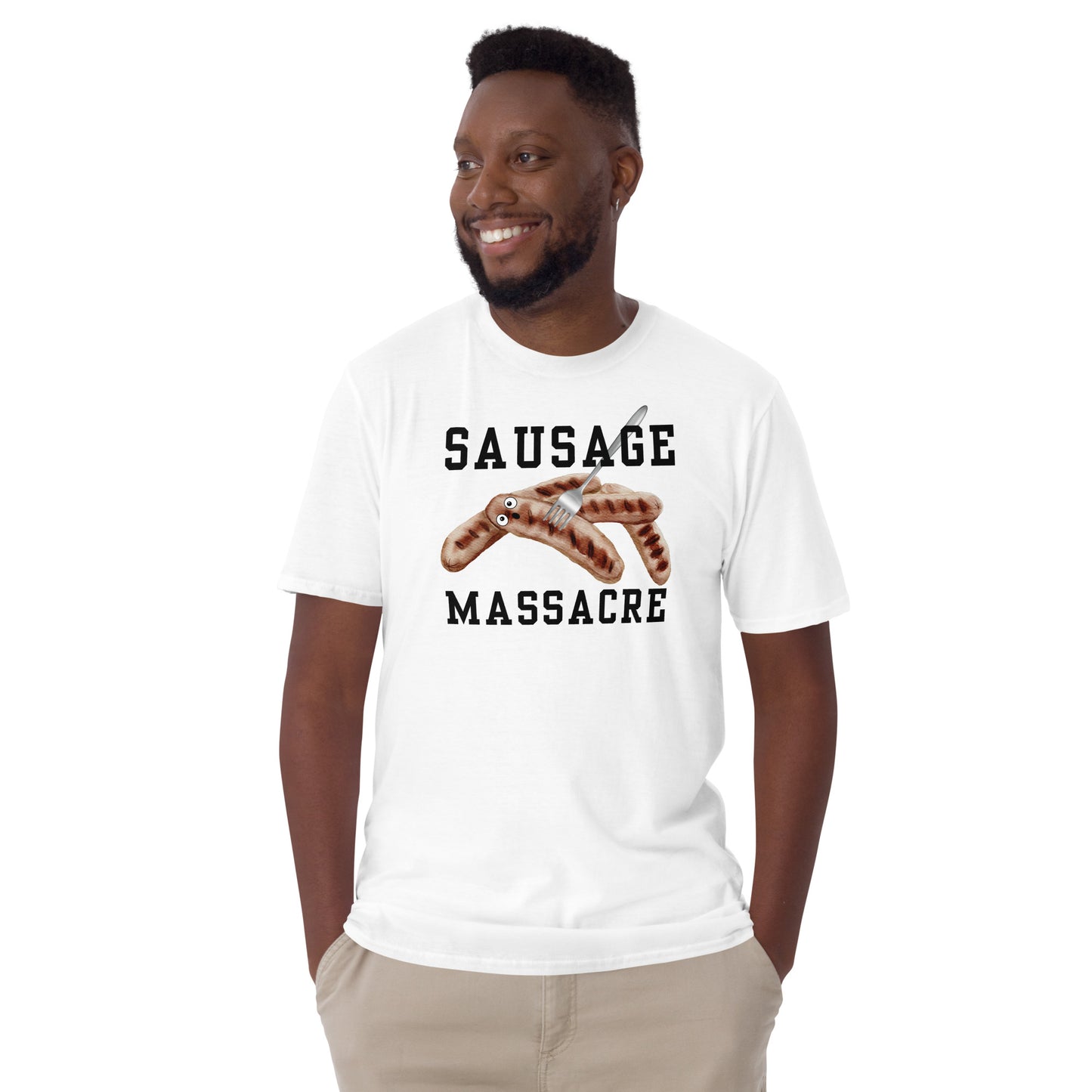 Young man wearing a white funny sausage massacre T-shirt with a fork through a shocked sausage.