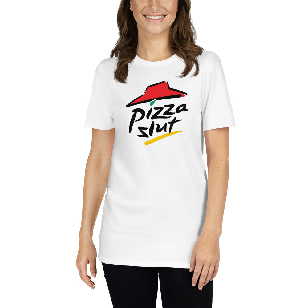 woman wearing a white Pizza Slut T-shirt